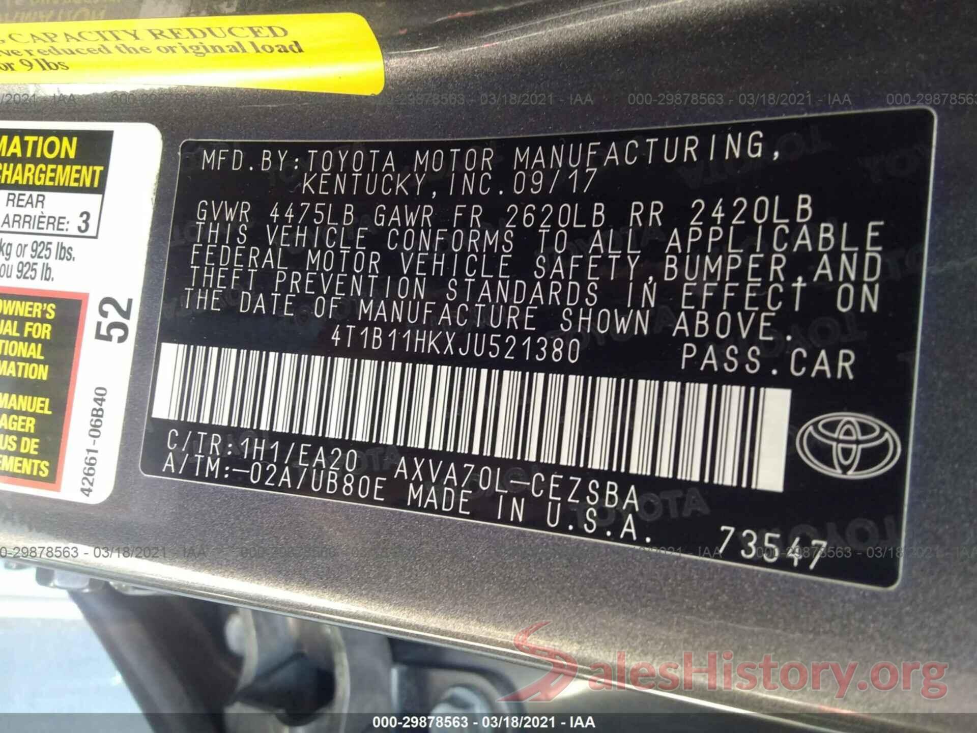 4T1B11HKXJU521380 2018 TOYOTA CAMRY