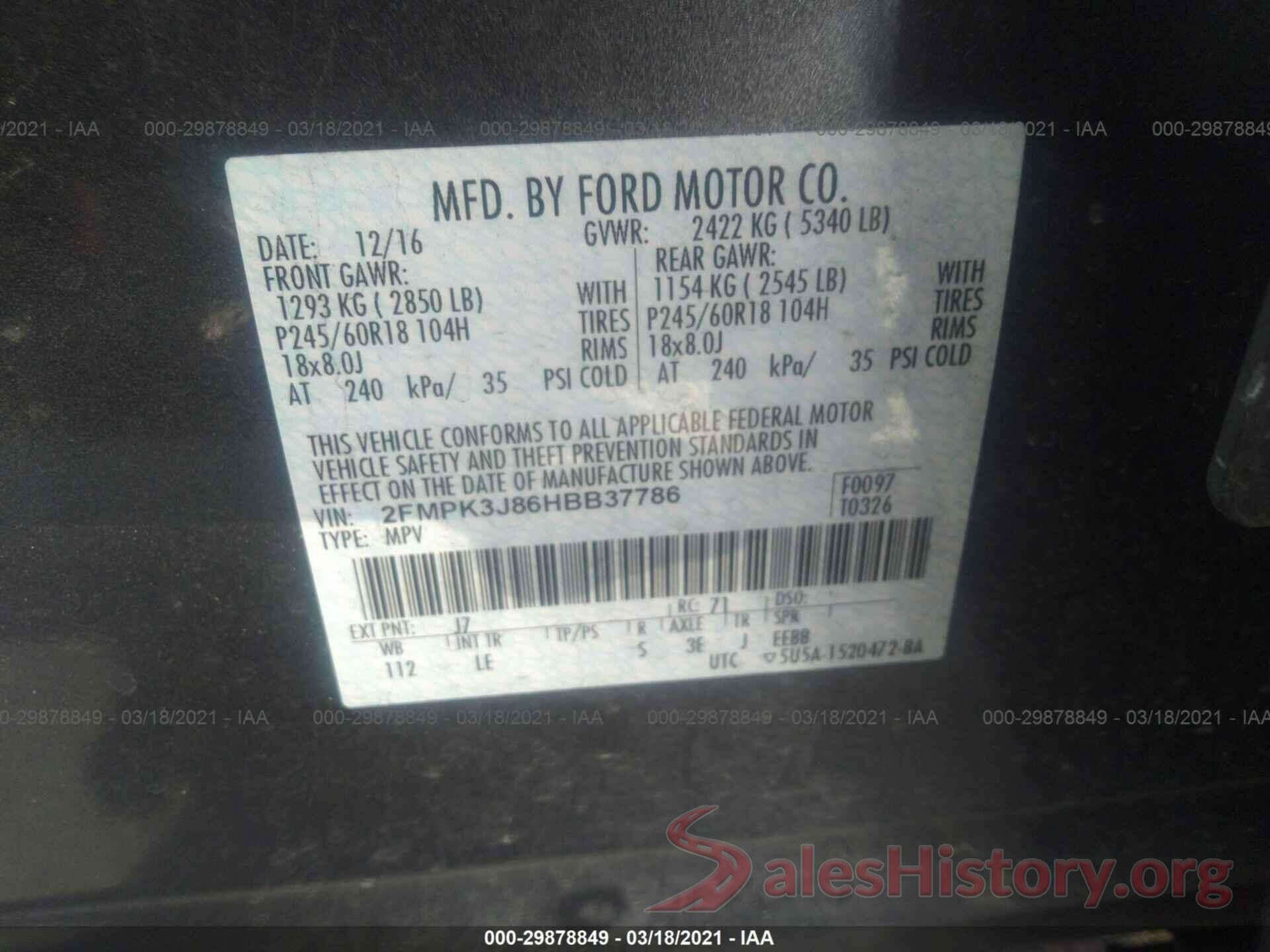 2FMPK3J86HBB37786 2017 FORD EDGE