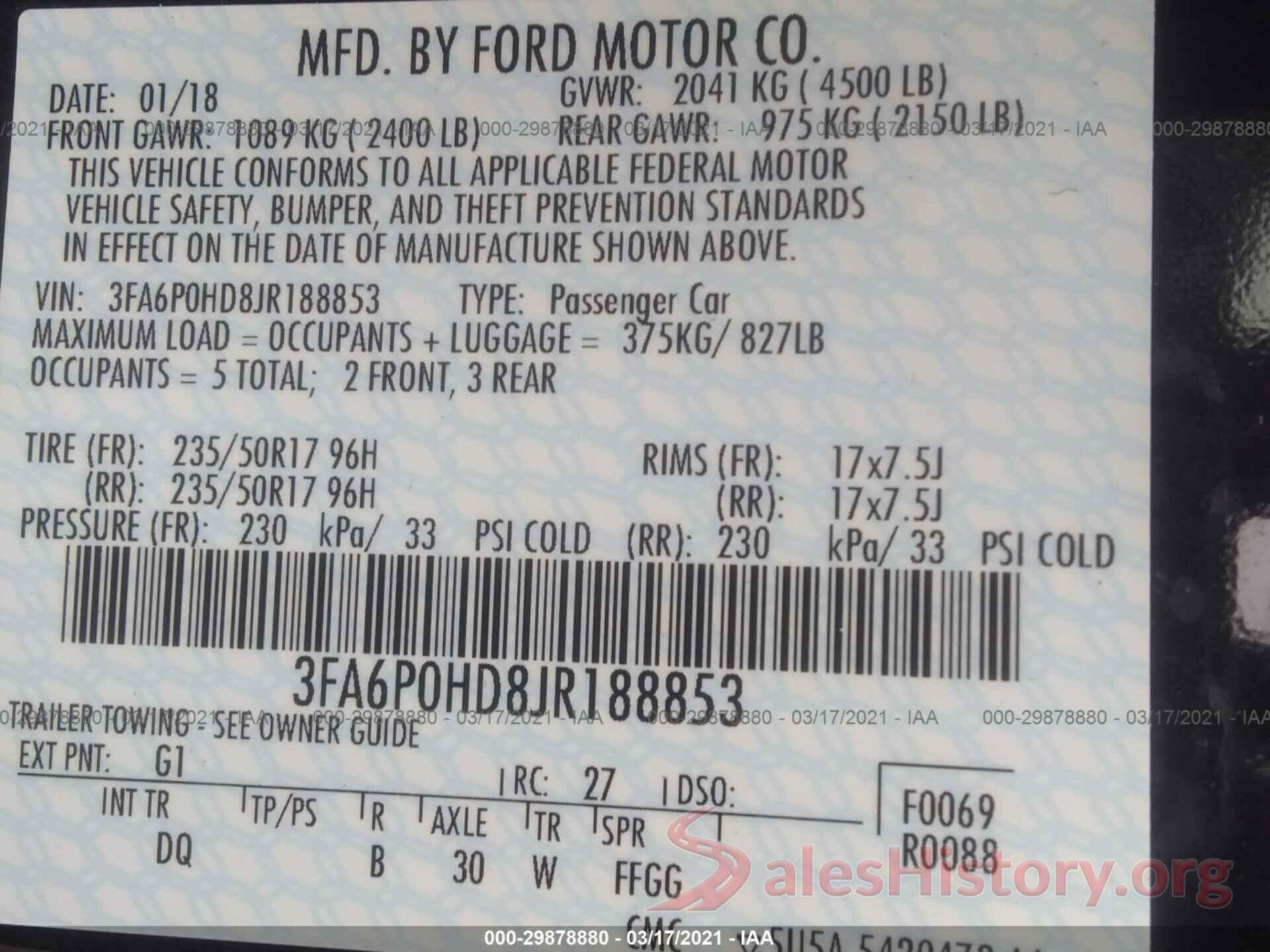 3FA6P0HD8JR188853 2018 FORD FUSION