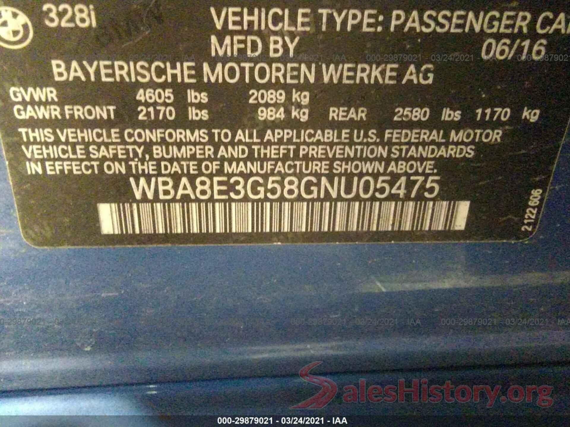 WBA8E3G58GNU05475 2016 BMW 3 SERIES