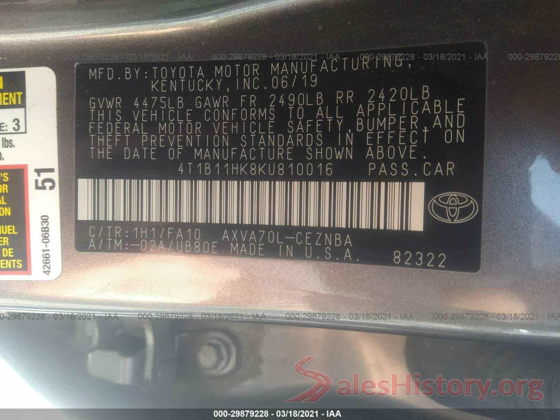 4T1B11HK8KU810016 2019 TOYOTA CAMRY