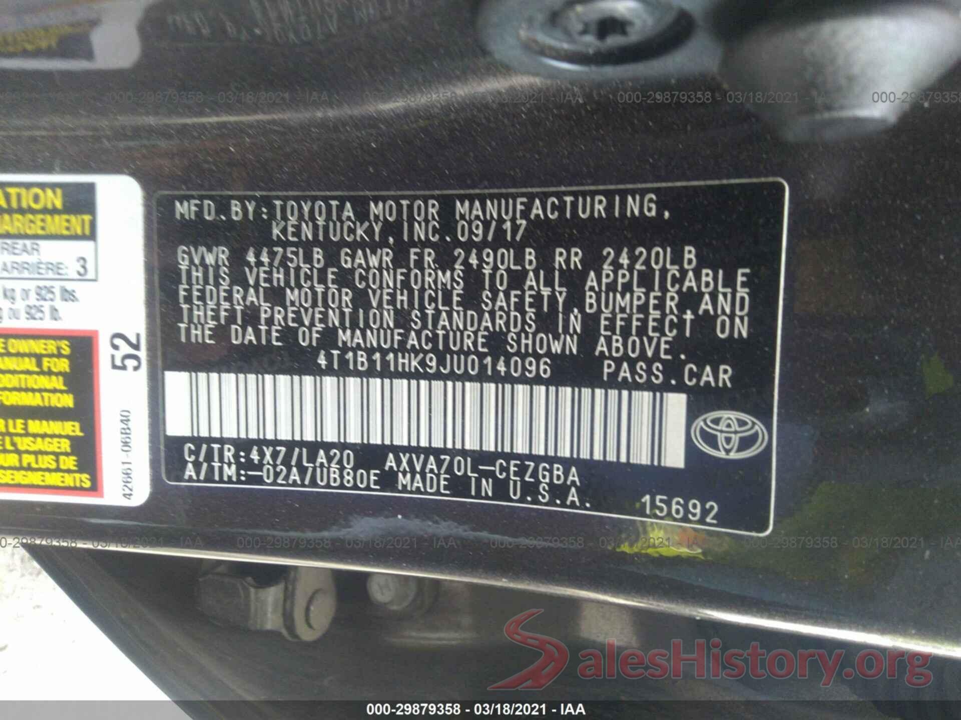 4T1B11HK9JU014096 2018 TOYOTA CAMRY