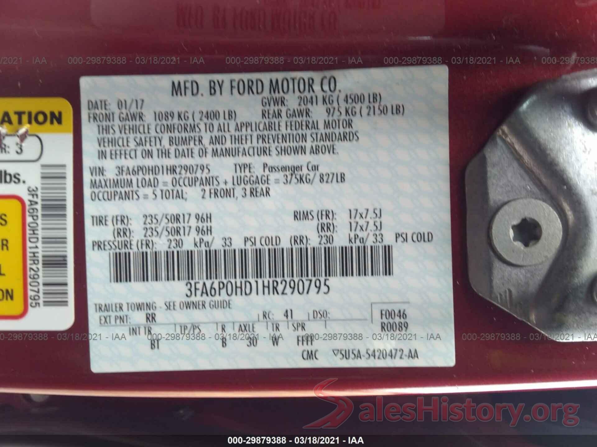 3FA6P0HD1HR290795 2017 FORD FUSION