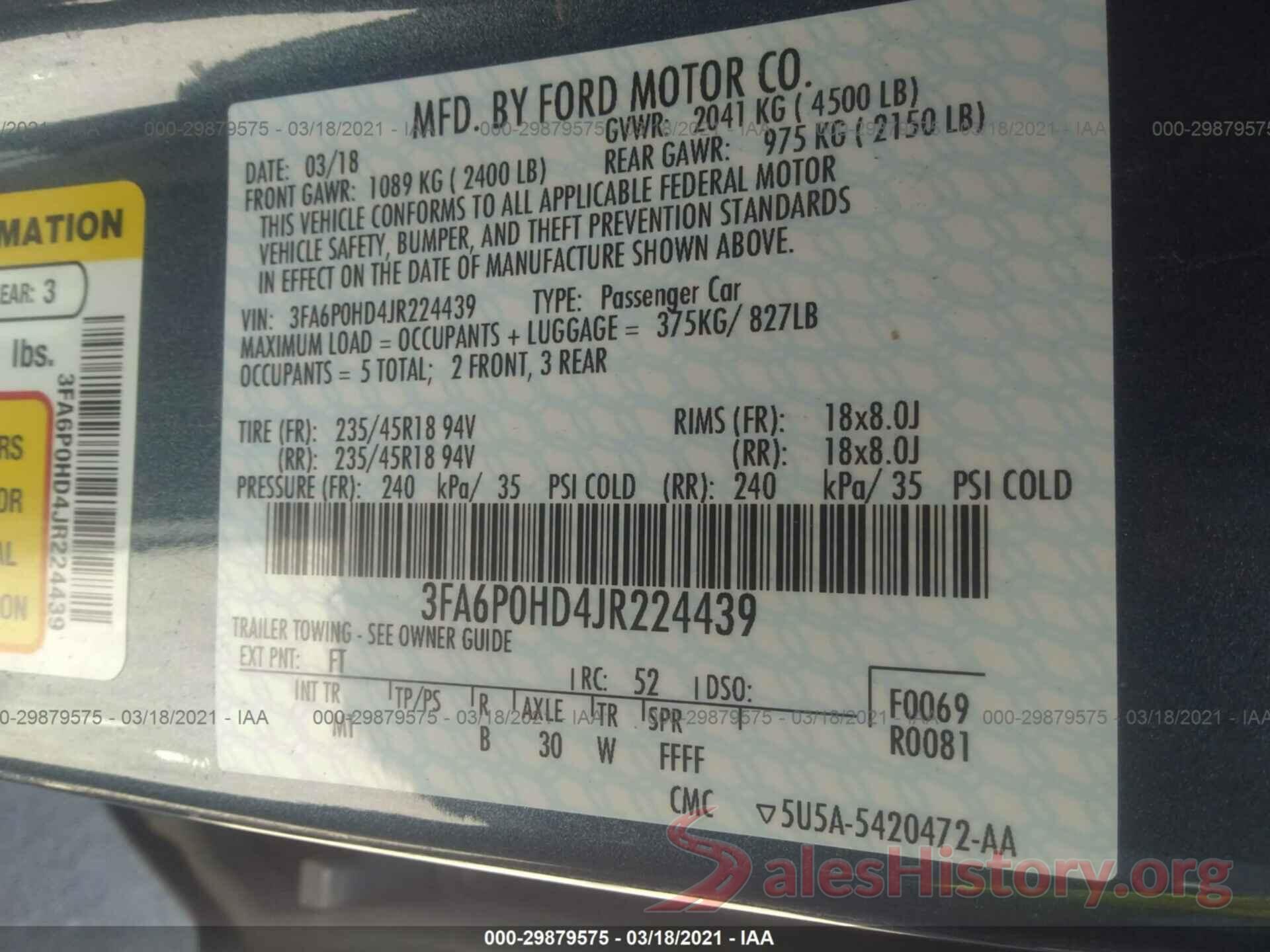 3FA6P0HD4JR224439 2018 FORD FUSION