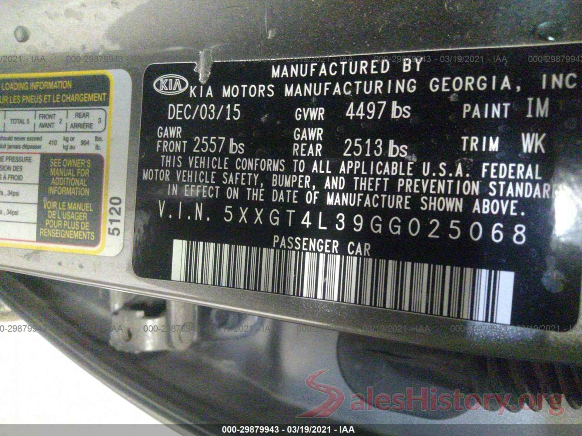 5XXGT4L39GG025068 2016 KIA OPTIMA