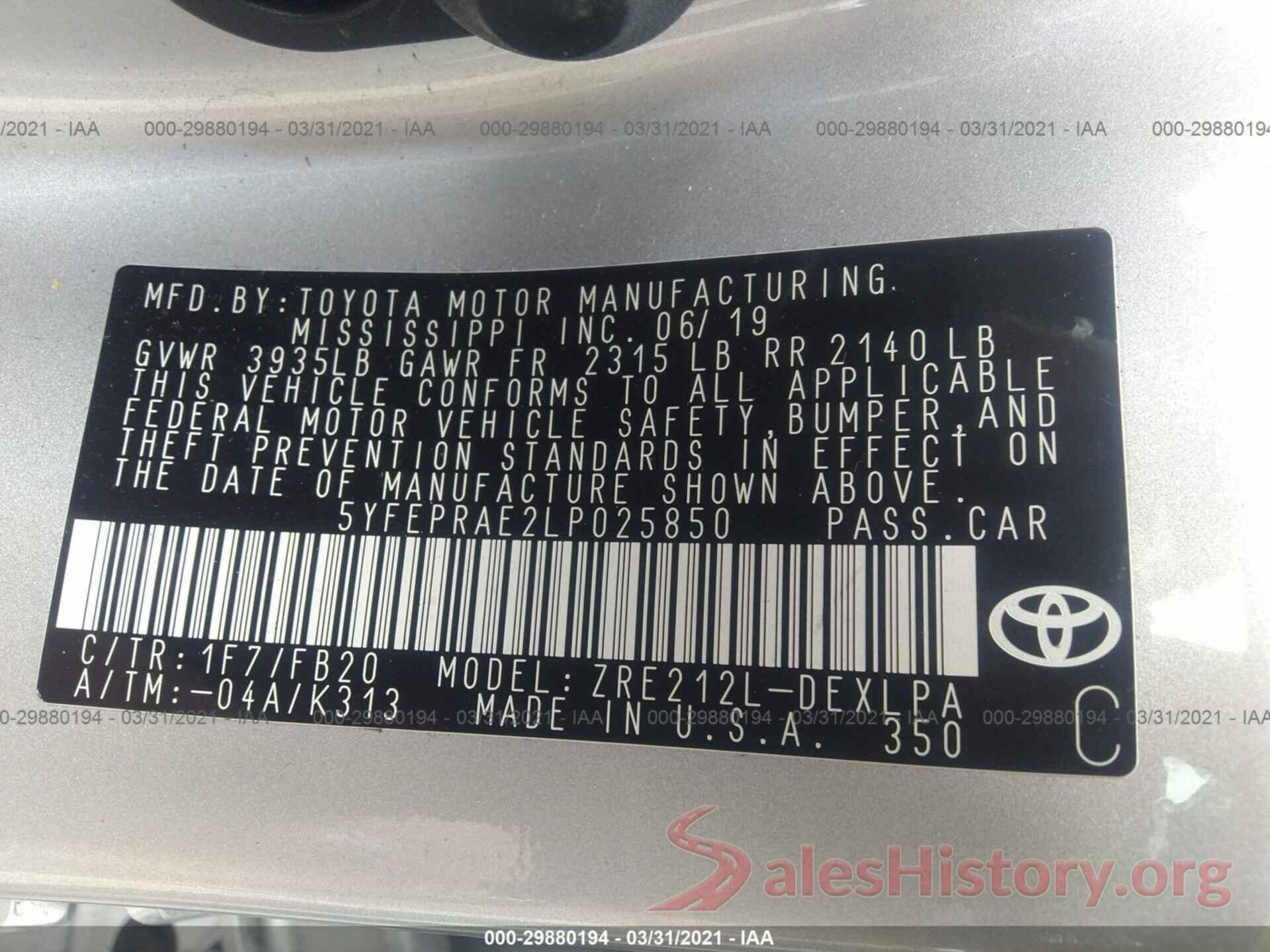 5YFEPRAE2LP025850 2020 TOYOTA COROLLA