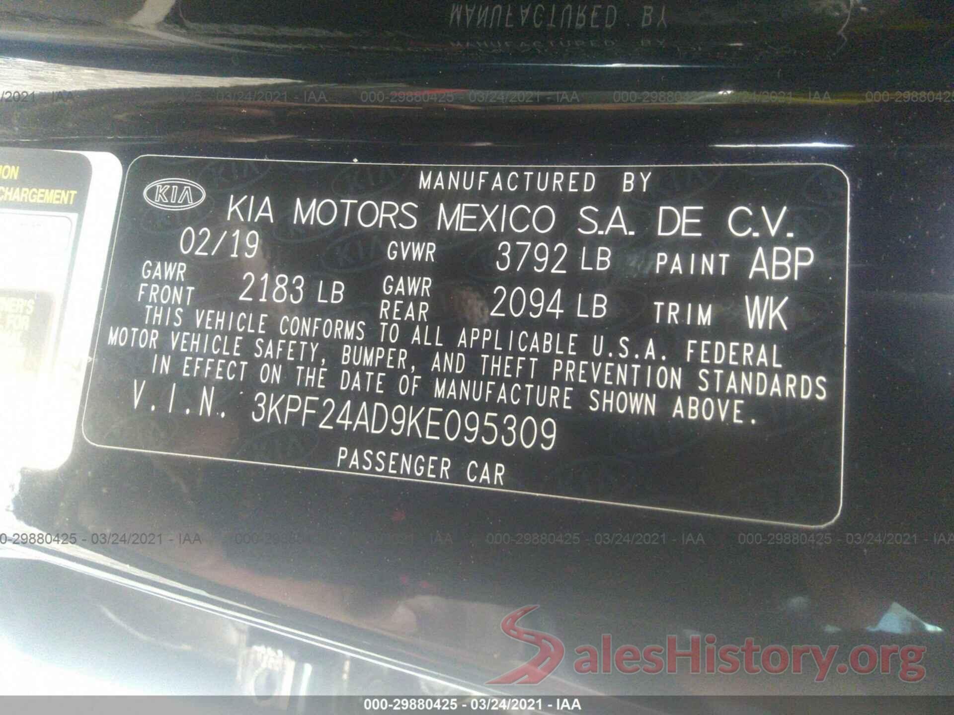 3KPF24AD9KE095309 2019 KIA FORTE