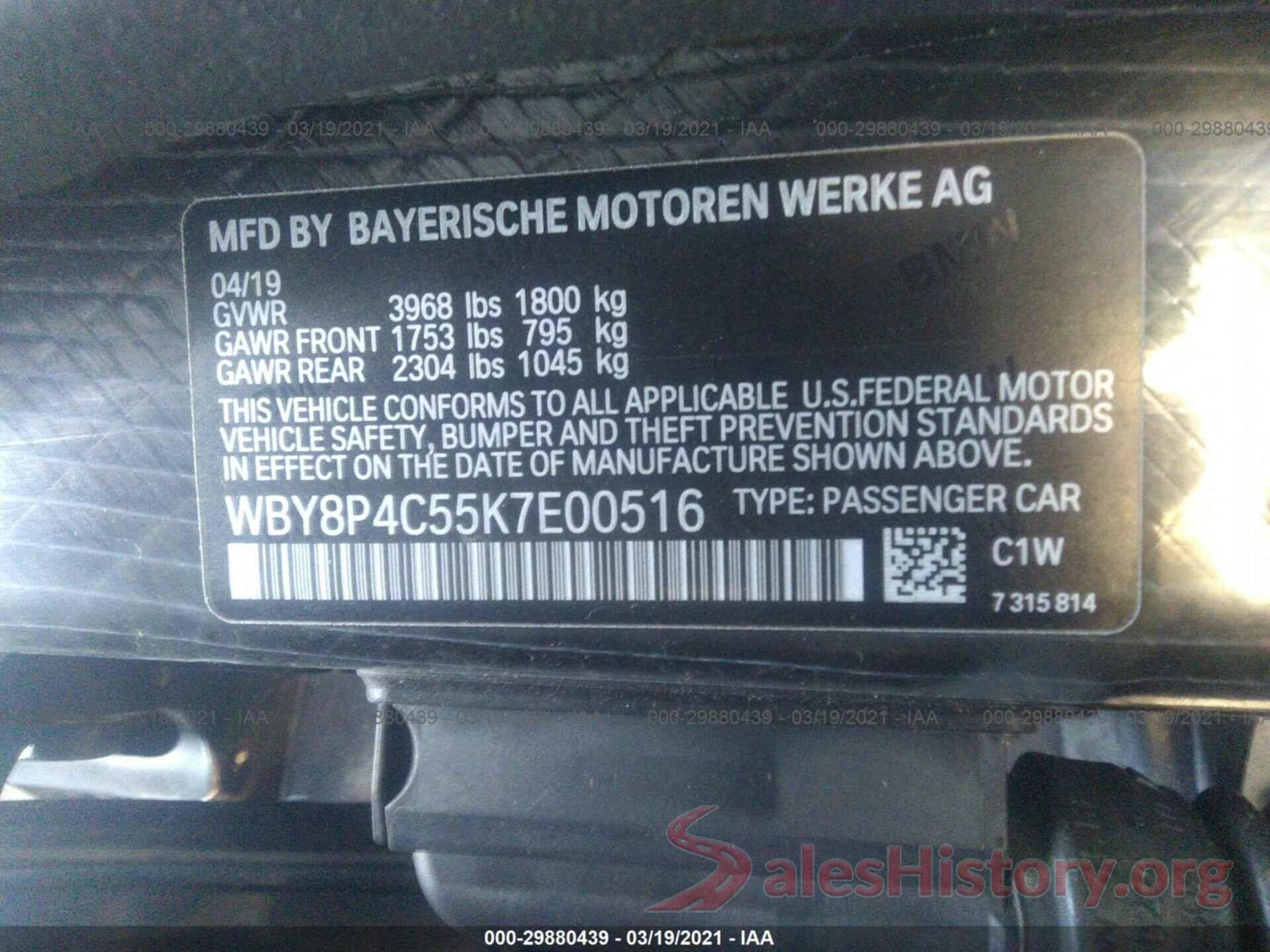 WBY8P4C55K7E00516 2019 BMW I3