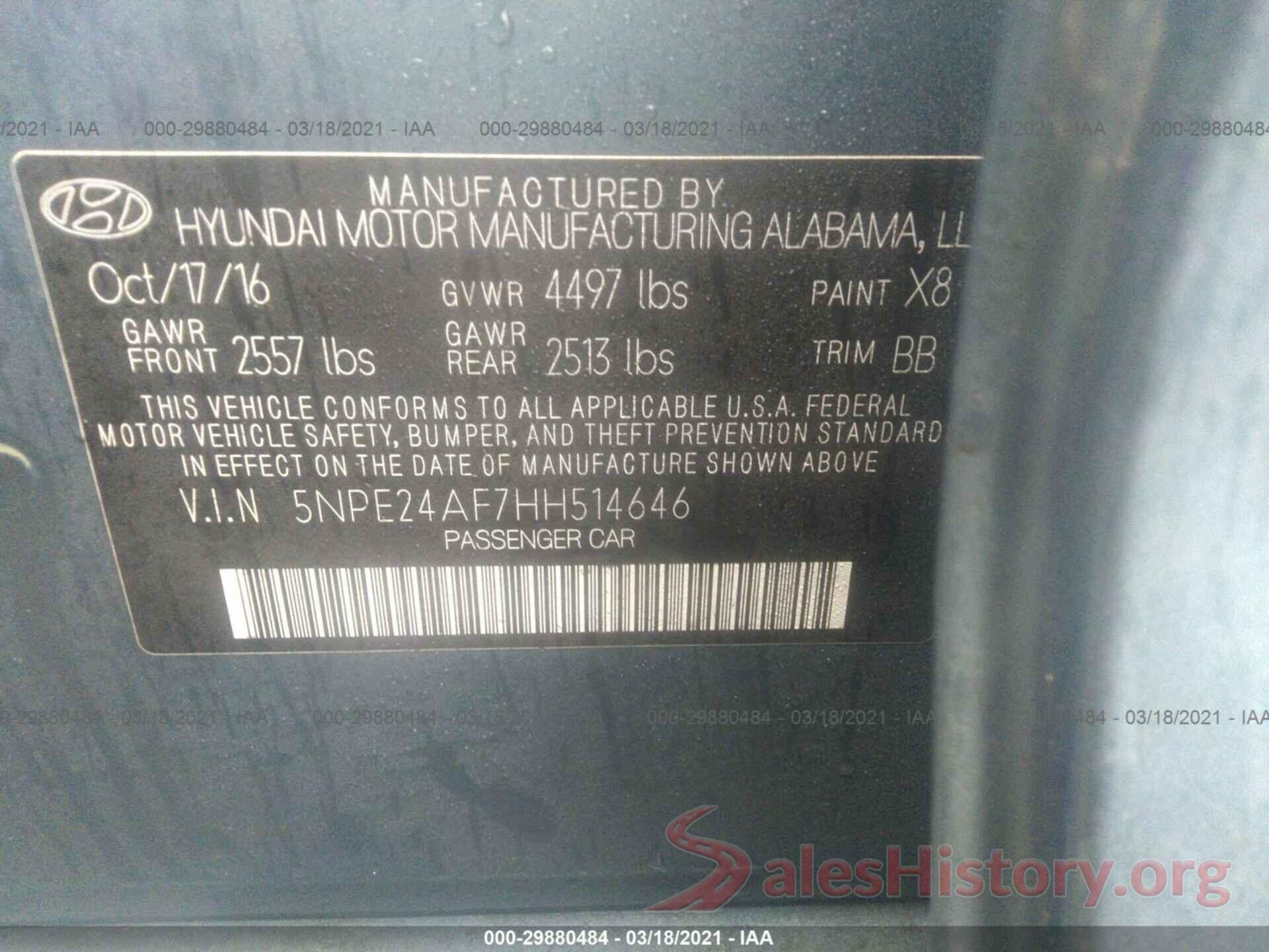 5NPE24AF7HH514646 2017 HYUNDAI SONATA