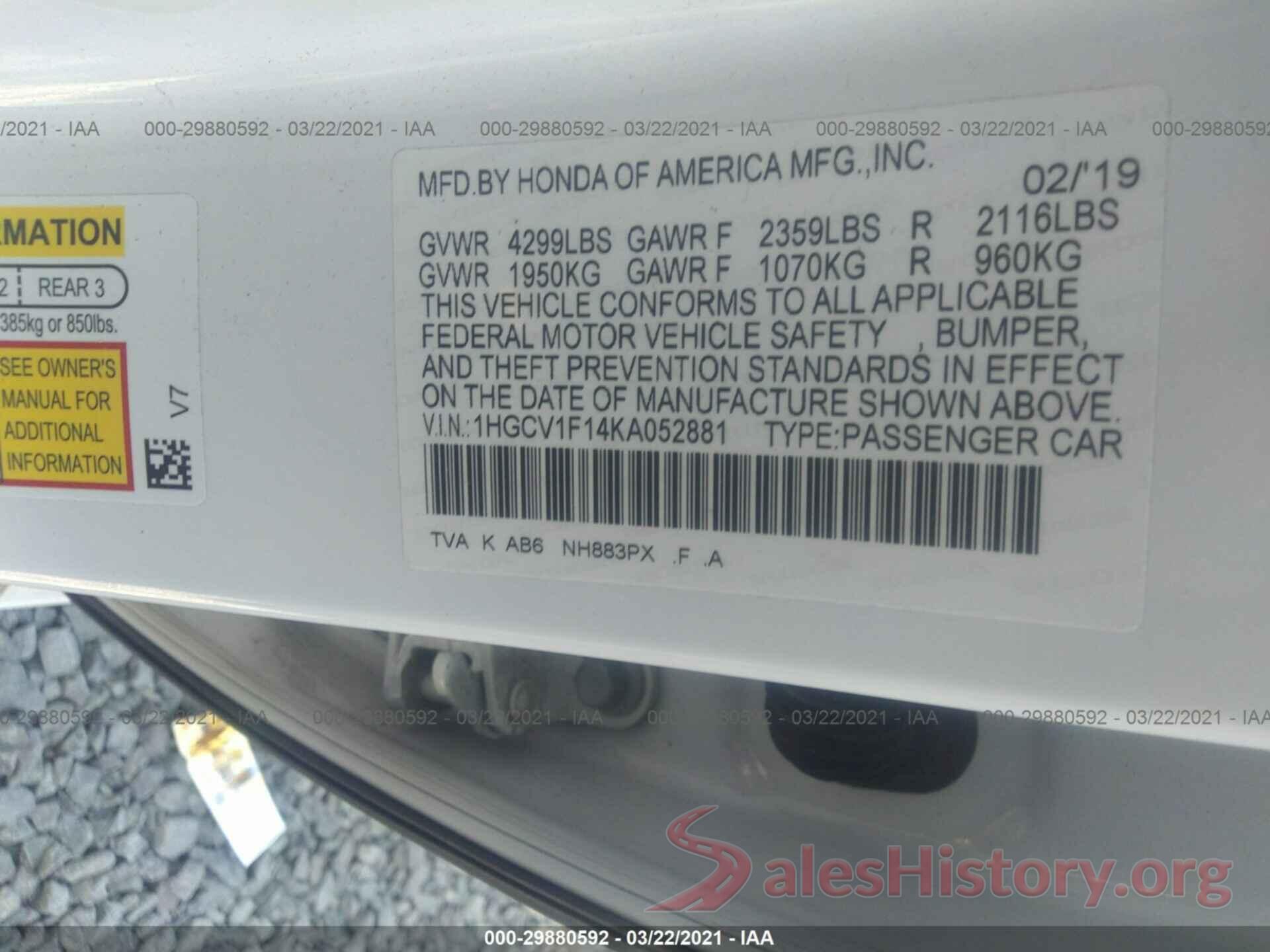 1HGCV1F14KA052881 2019 HONDA ACCORD SEDAN