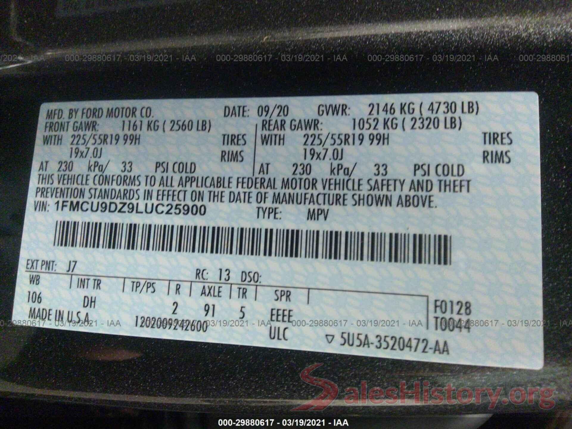 1FMCU9DZ9LUC25900 2020 FORD ESCAPE