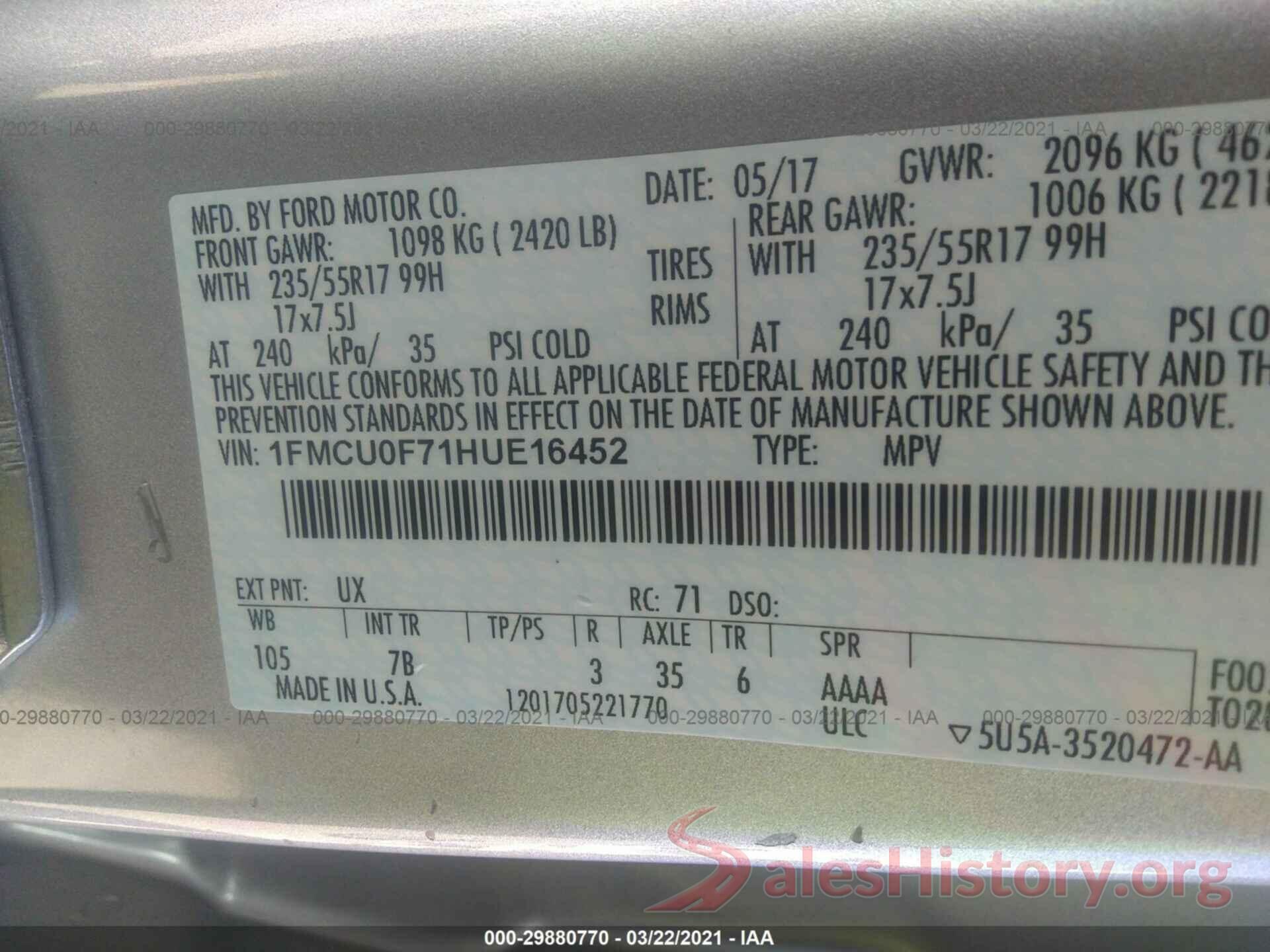 1FMCU0F71HUE16452 2017 FORD ESCAPE