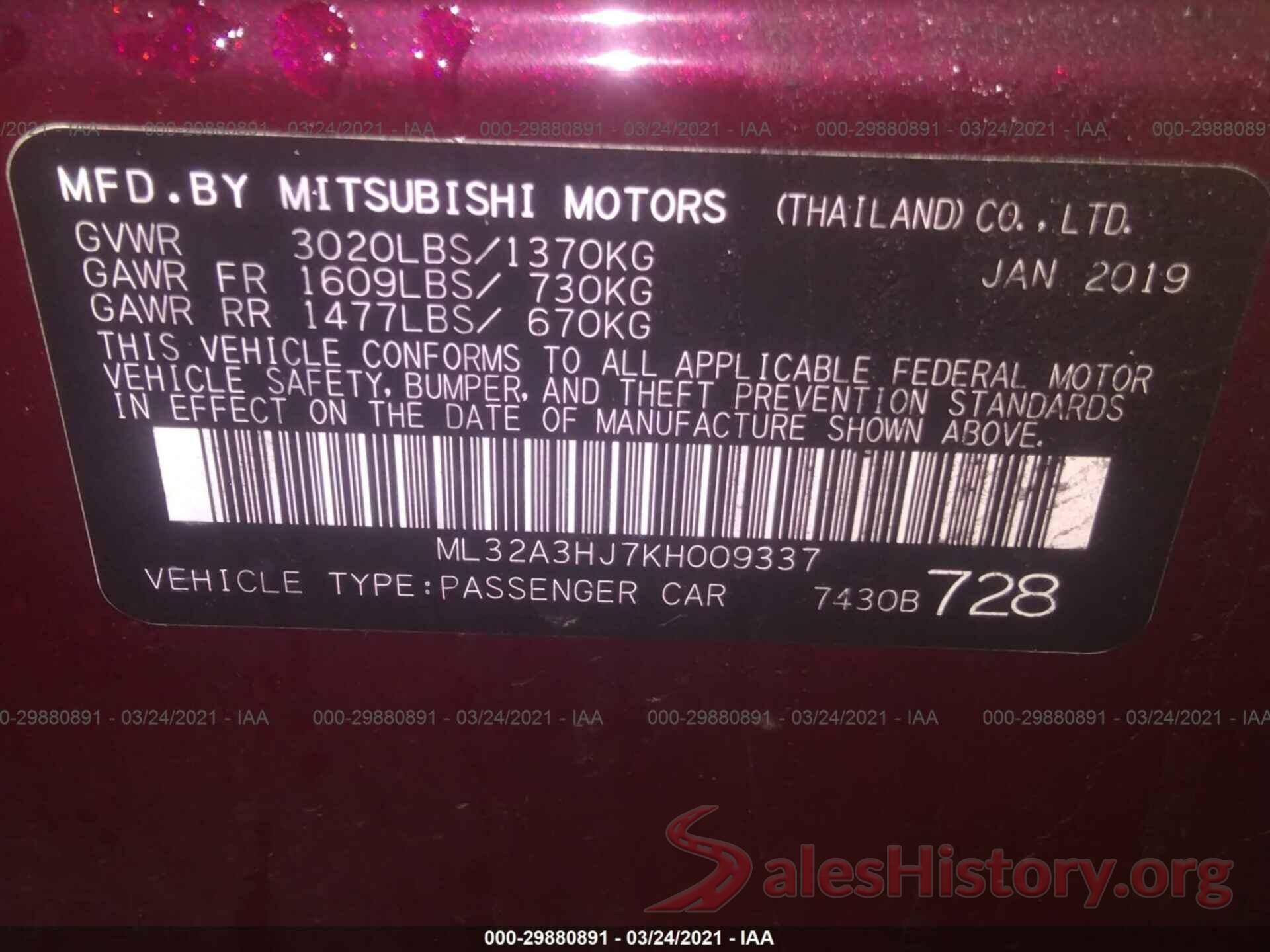 ML32A3HJ7KH009337 2019 MITSUBISHI MIRAGE