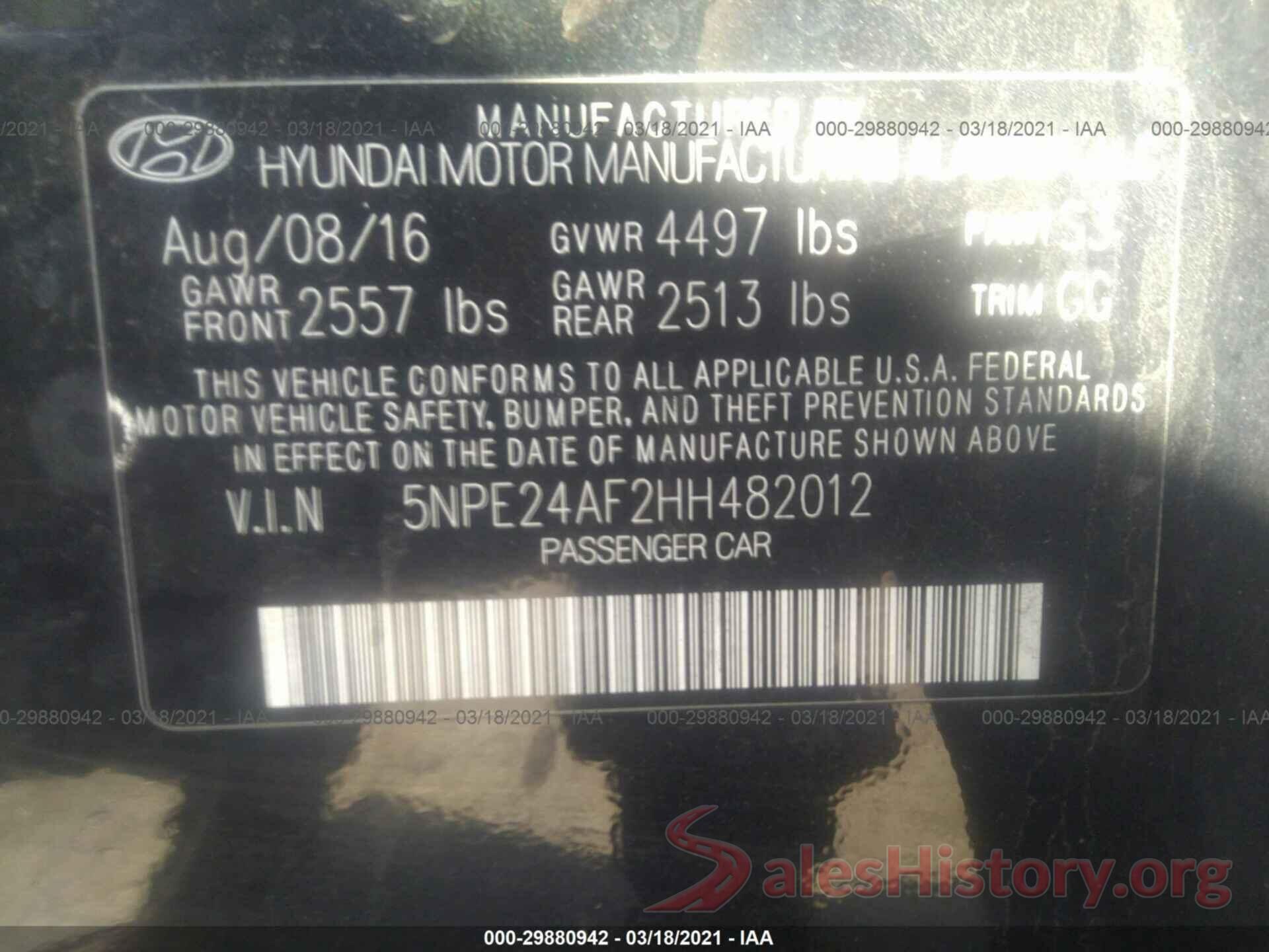 5NPE24AF2HH482012 2017 HYUNDAI SONATA