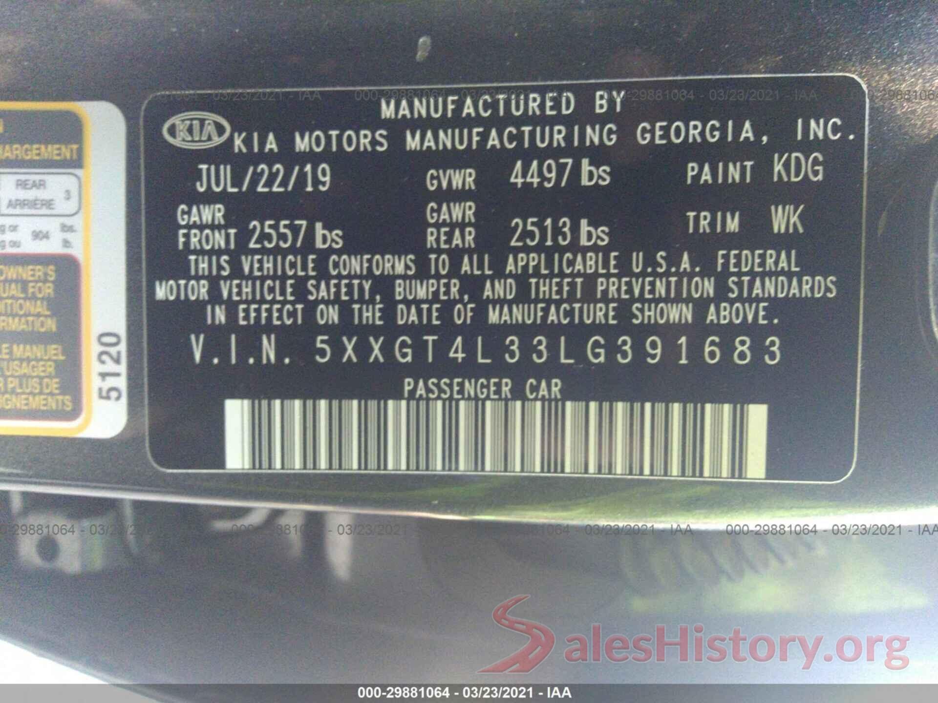 5XXGT4L33LG391683 2020 KIA OPTIMA