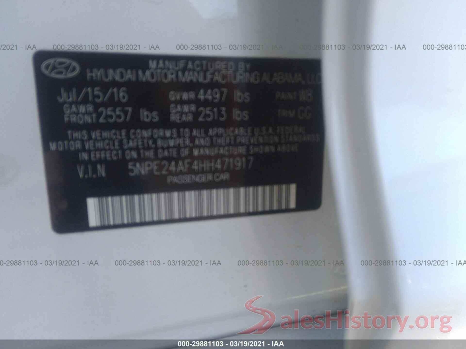 5NPE24AF4HH471917 2017 HYUNDAI SONATA