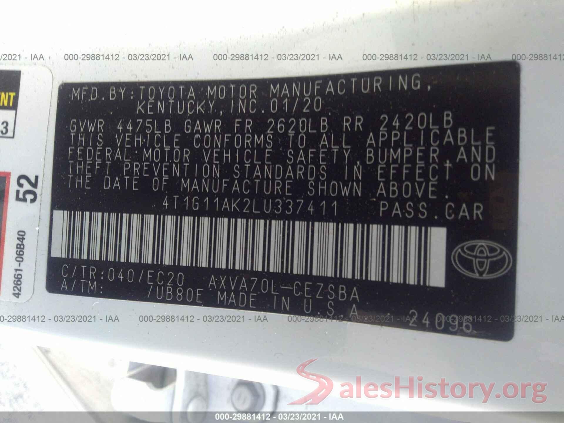 4T1G11AK2LU337411 2020 TOYOTA CAMRY