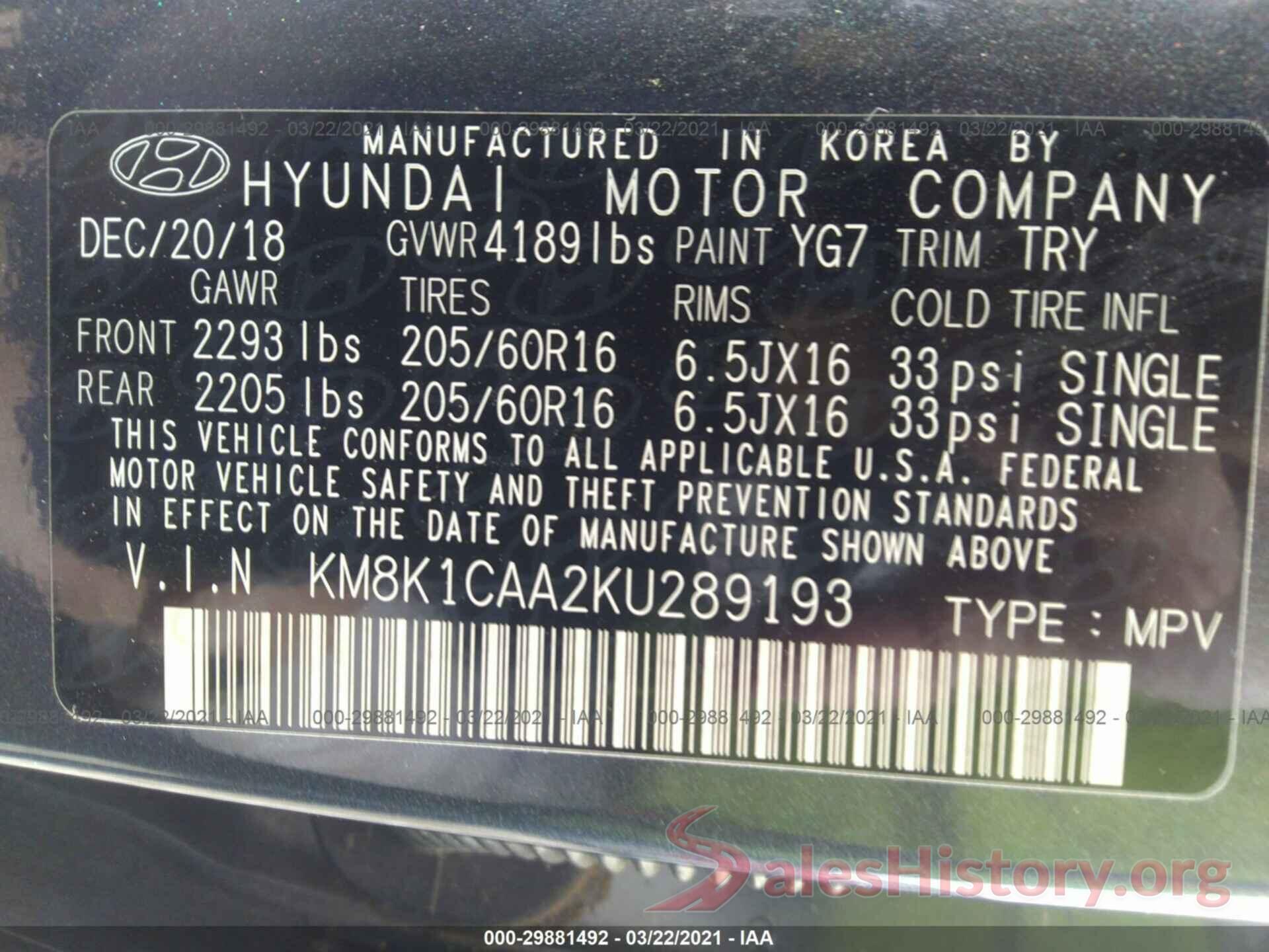 KM8K1CAA2KU289193 2019 HYUNDAI KONA