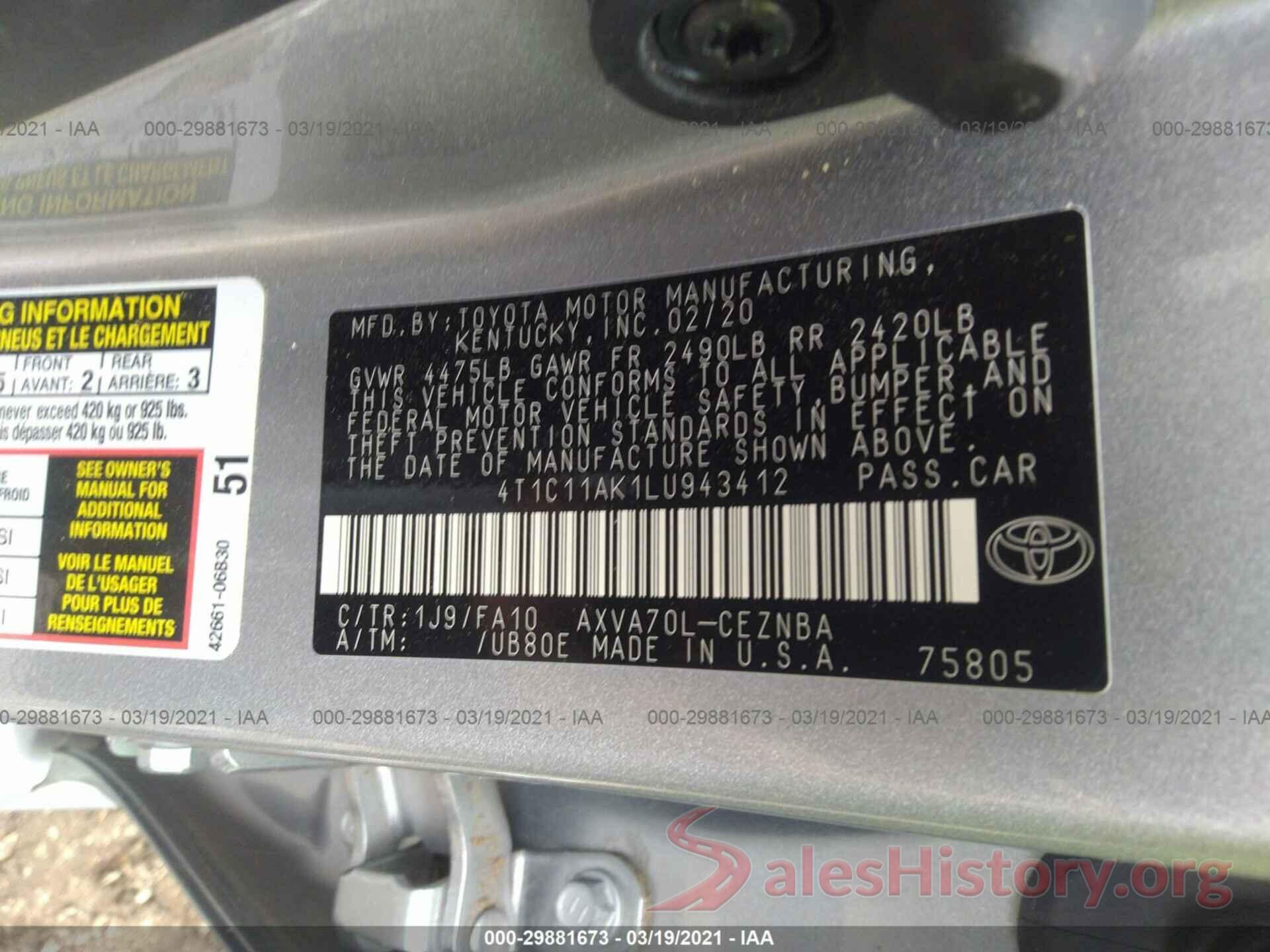 4T1C11AK1LU943412 2020 TOYOTA CAMRY