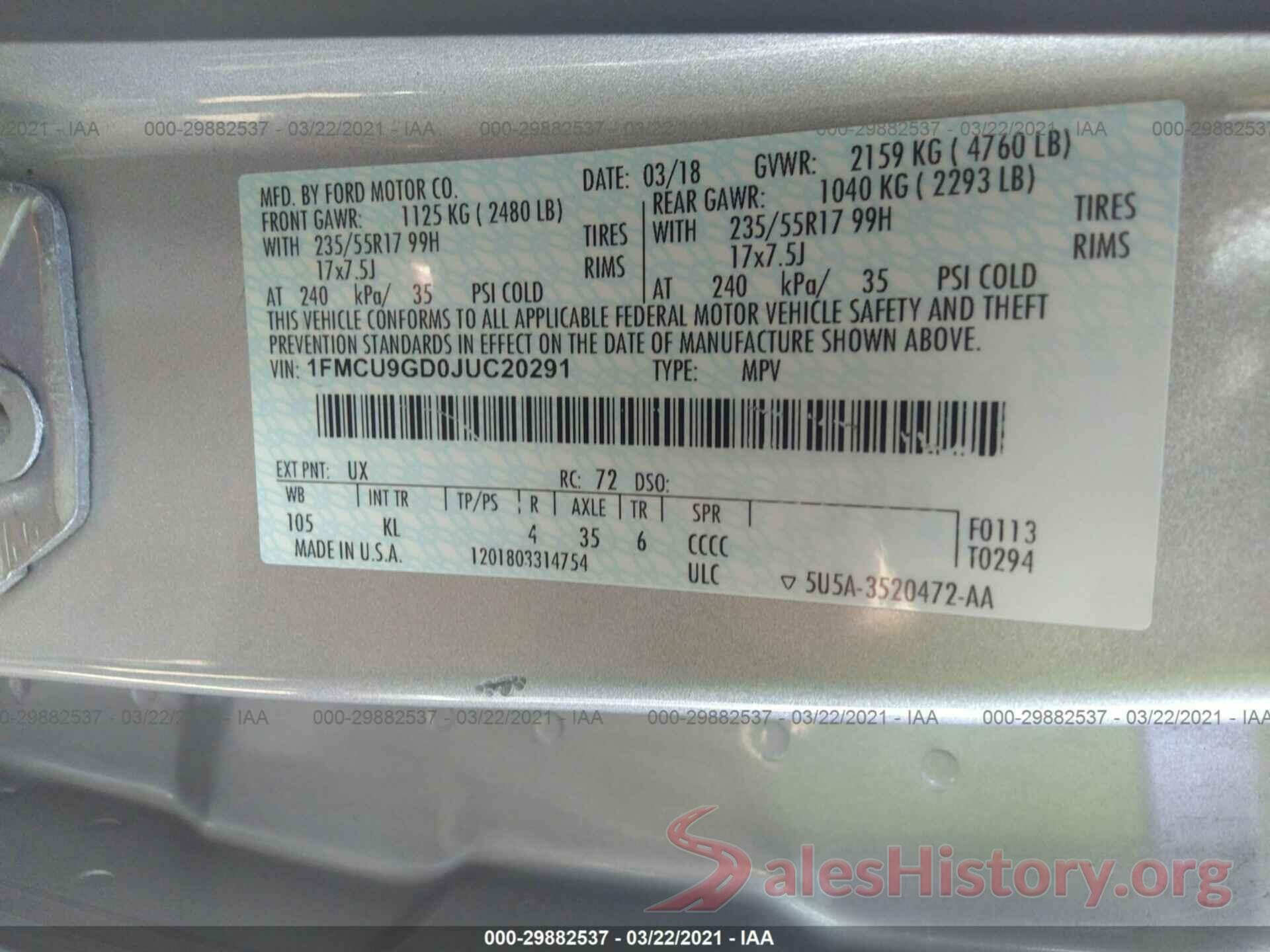 1FMCU9GD0JUC20291 2018 FORD ESCAPE