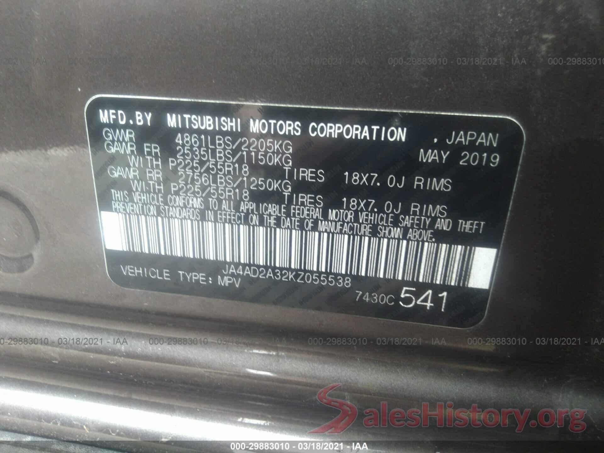 JA4AD2A32KZ055538 2019 MITSUBISHI OUTLANDER