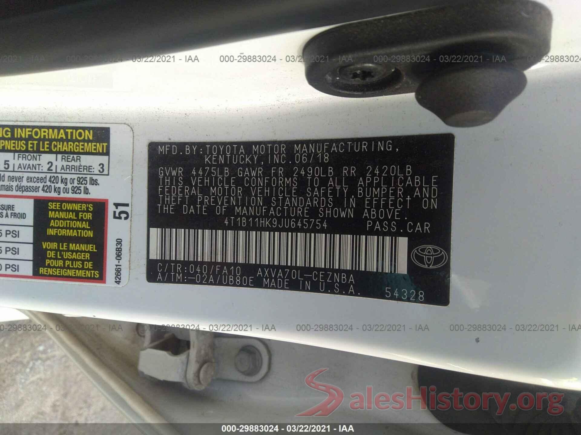 4T1B11HK9JU645754 2018 TOYOTA CAMRY