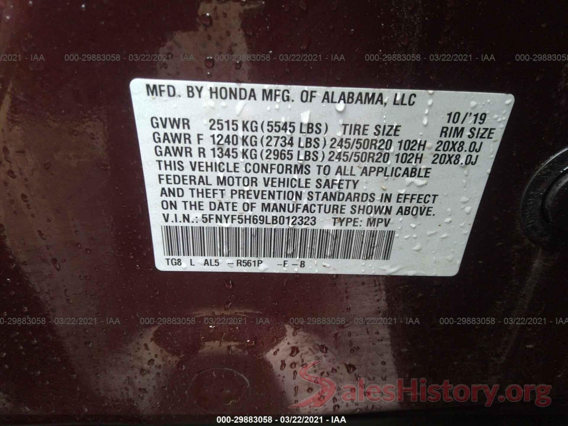 5FNYF5H69LB012323 2020 HONDA PILOT