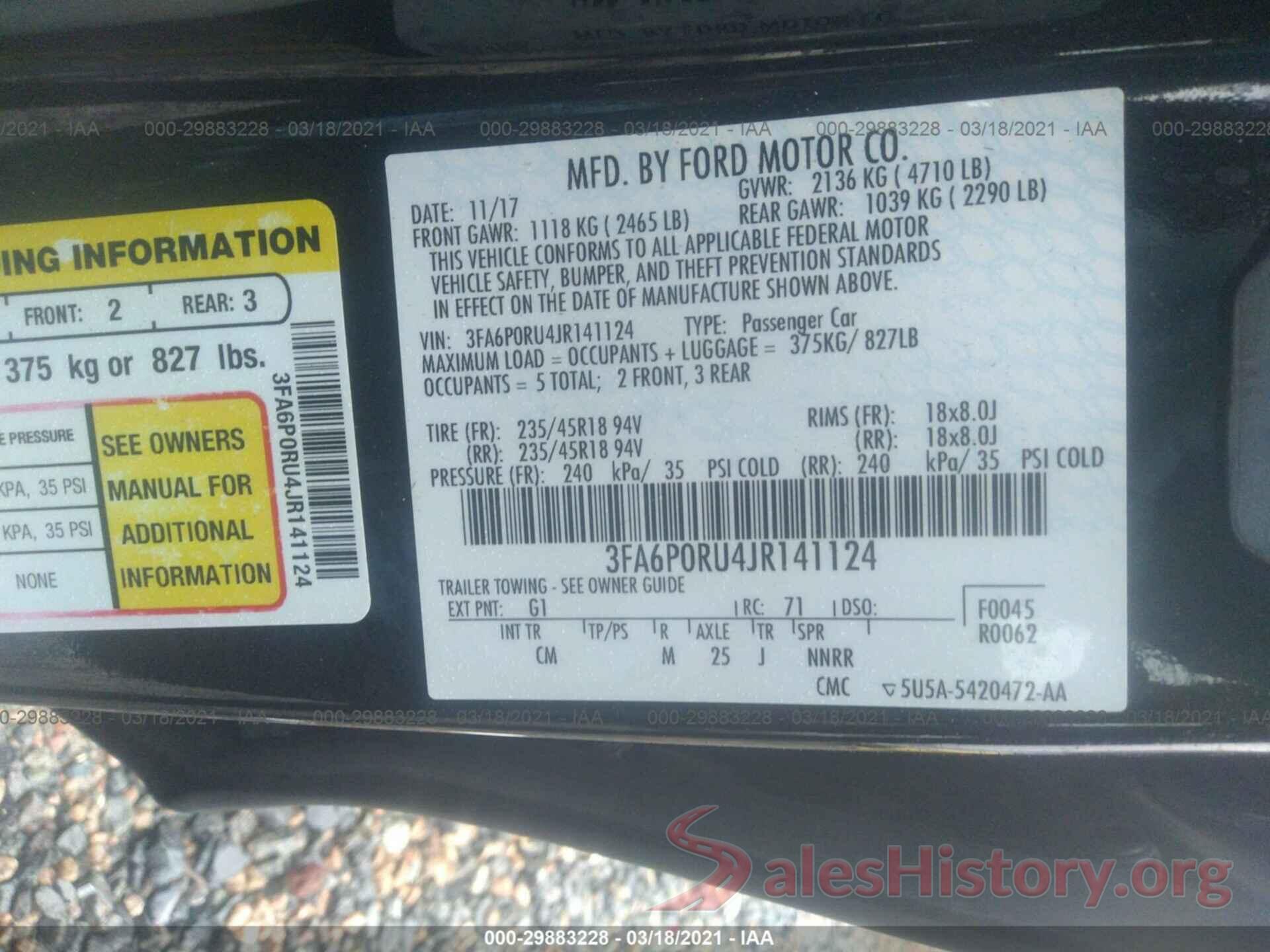 3FA6P0RU4JR141124 2018 FORD FUSION HYBRID