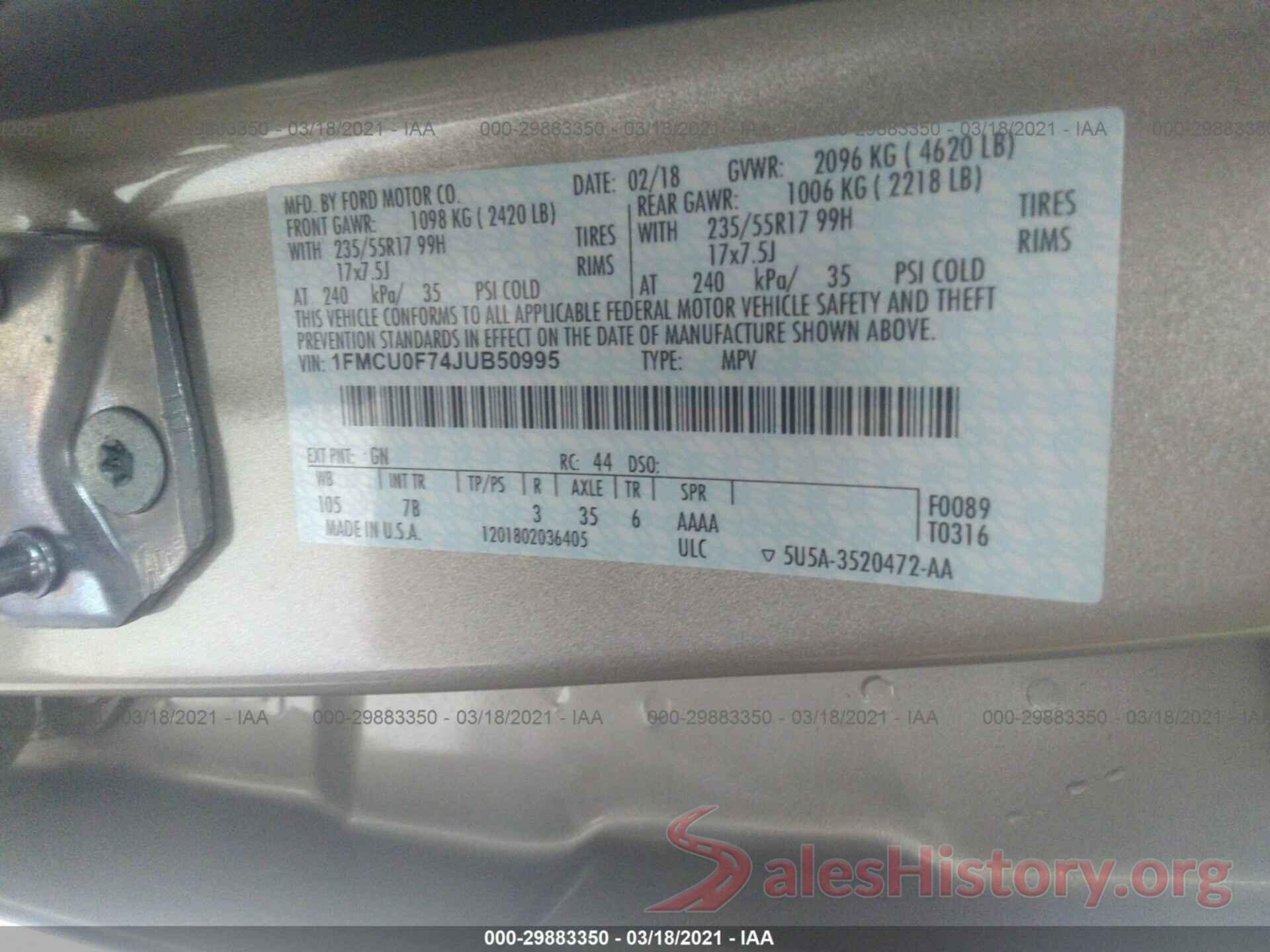 1FMCU0F74JUB50995 2018 FORD ESCAPE