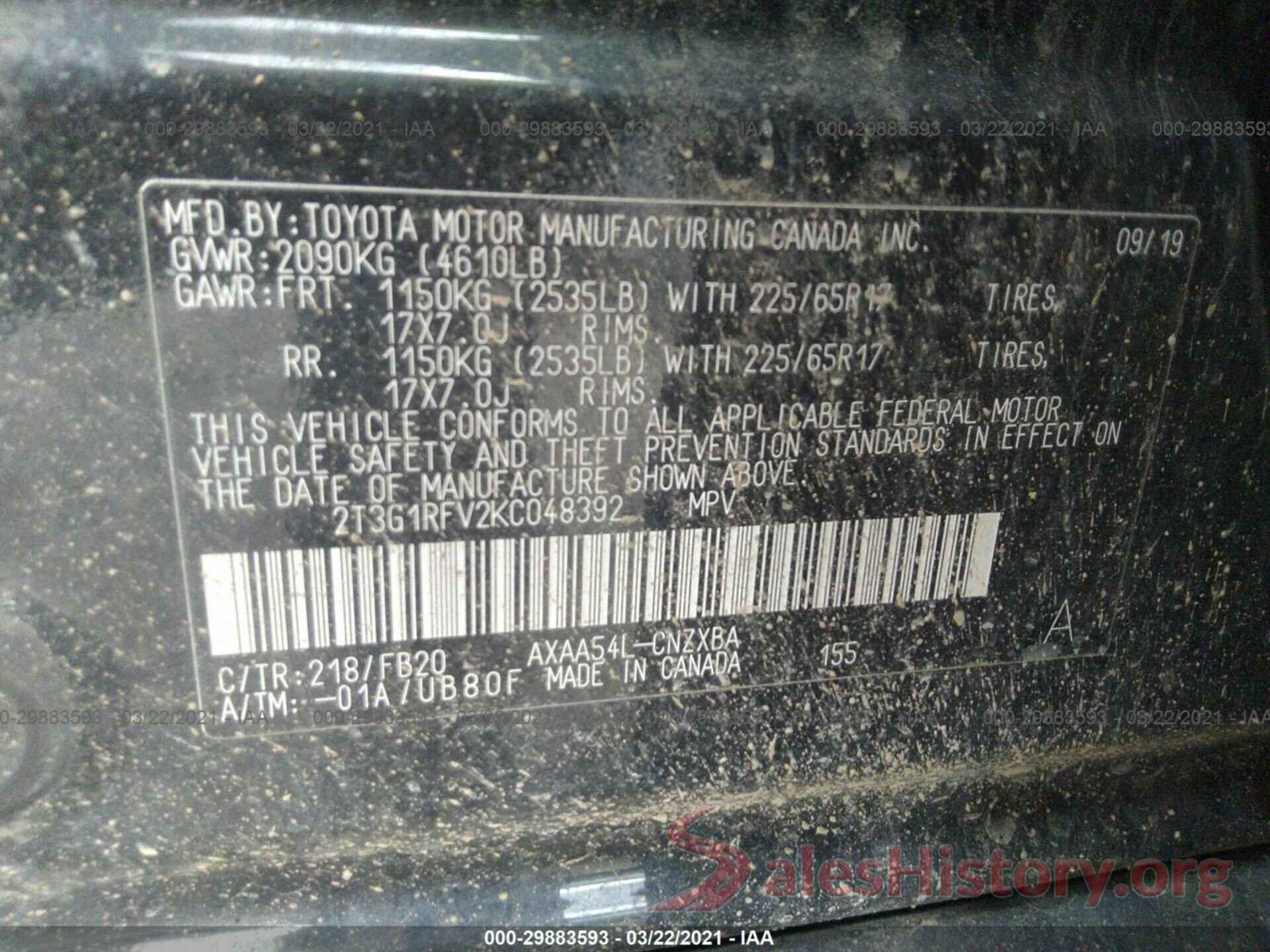 2T3G1RFV2KC048392 2019 TOYOTA RAV4