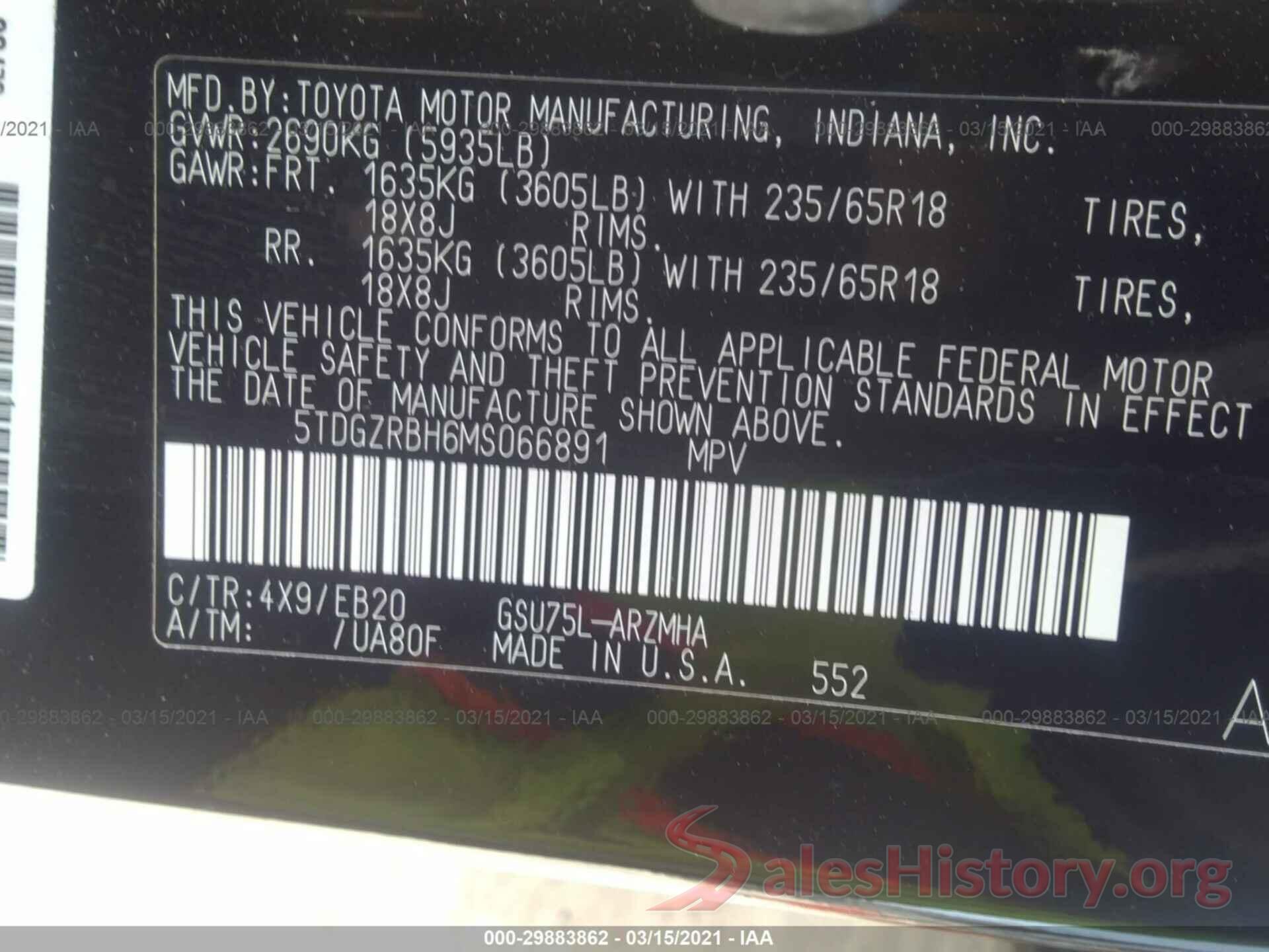 5TDGZRBH6MS066891 2021 TOYOTA HIGHLANDER