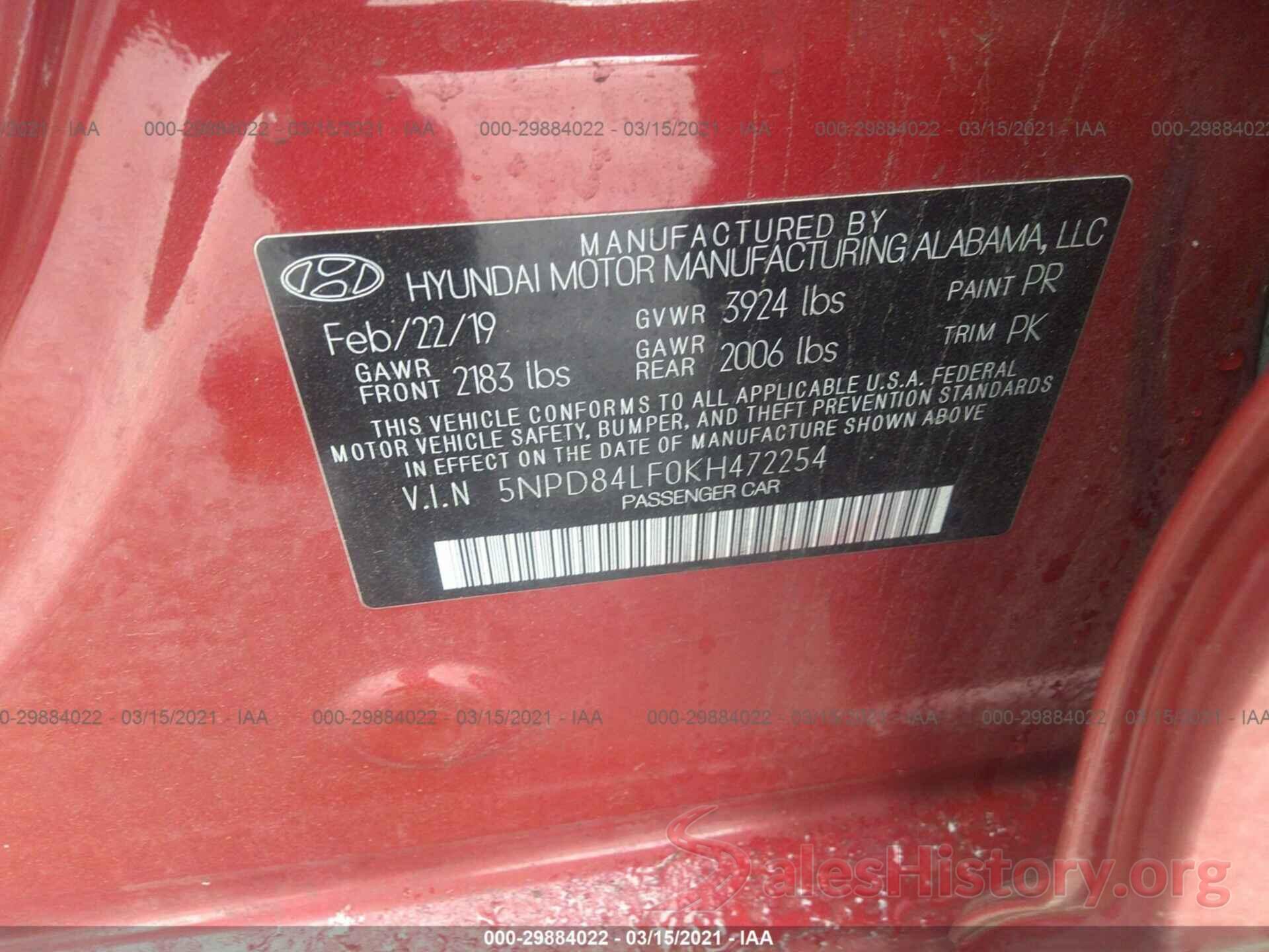 5NPD84LF0KH472254 2019 HYUNDAI ELANTRA