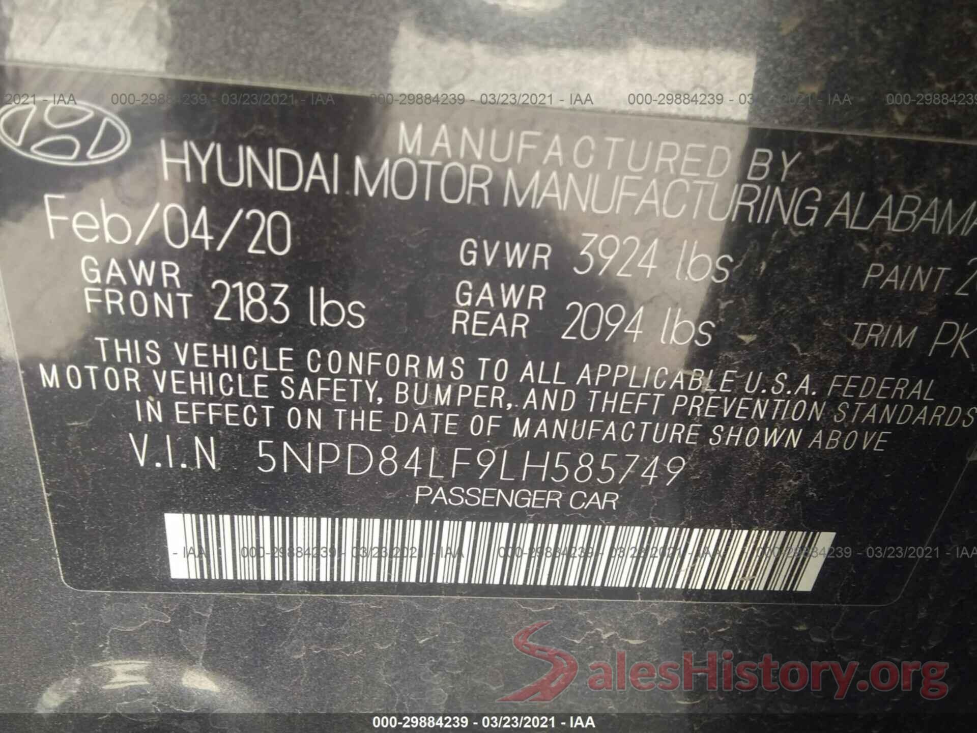 5NPD84LF9LH585749 2020 HYUNDAI ELANTRA