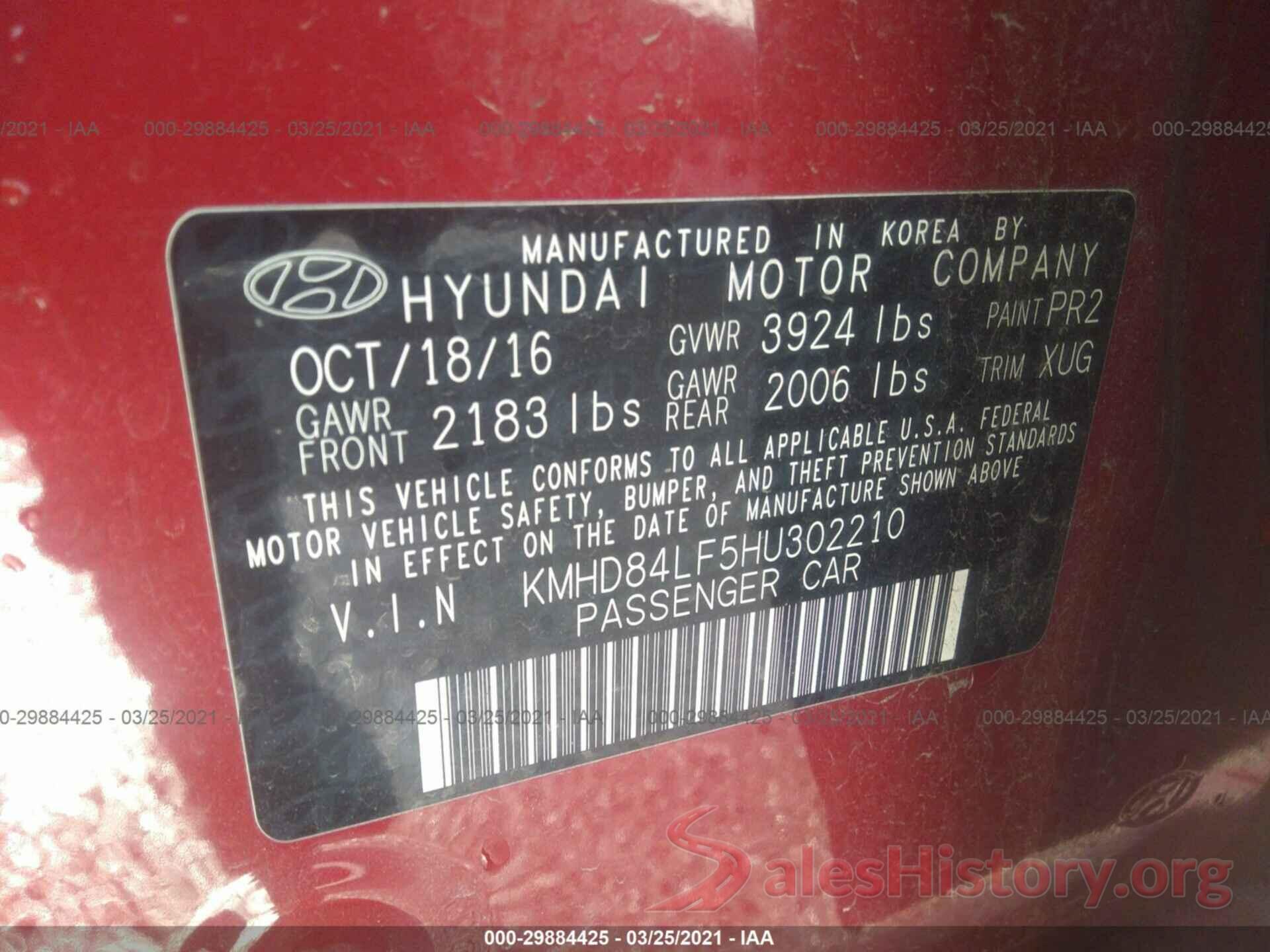 KMHD84LF5HU302210 2017 HYUNDAI ELANTRA