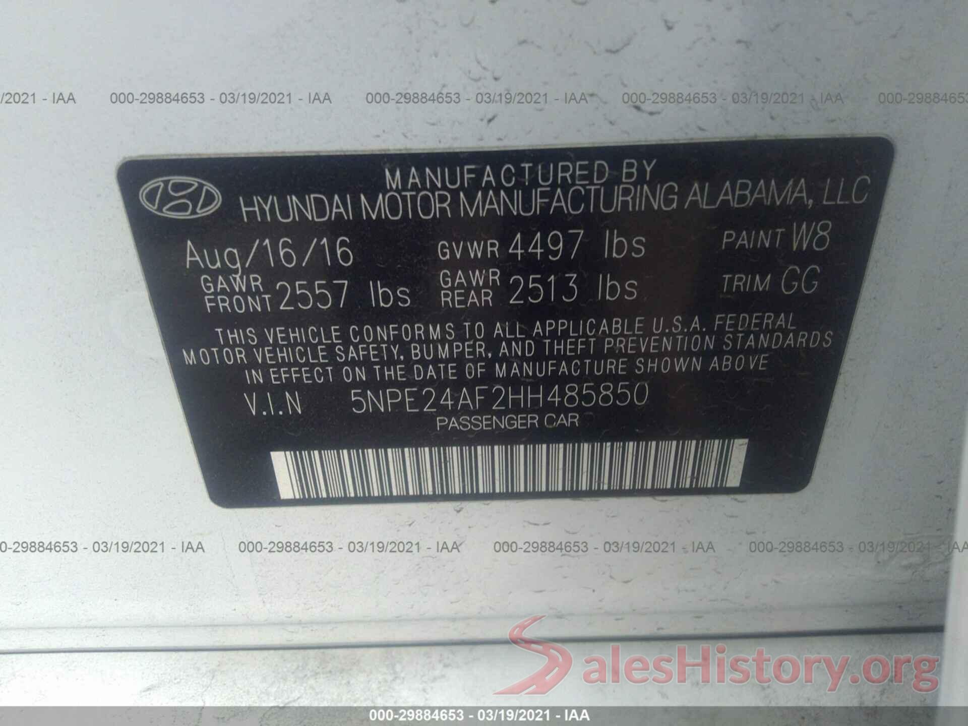 5NPE24AF2HH485850 2017 HYUNDAI SONATA