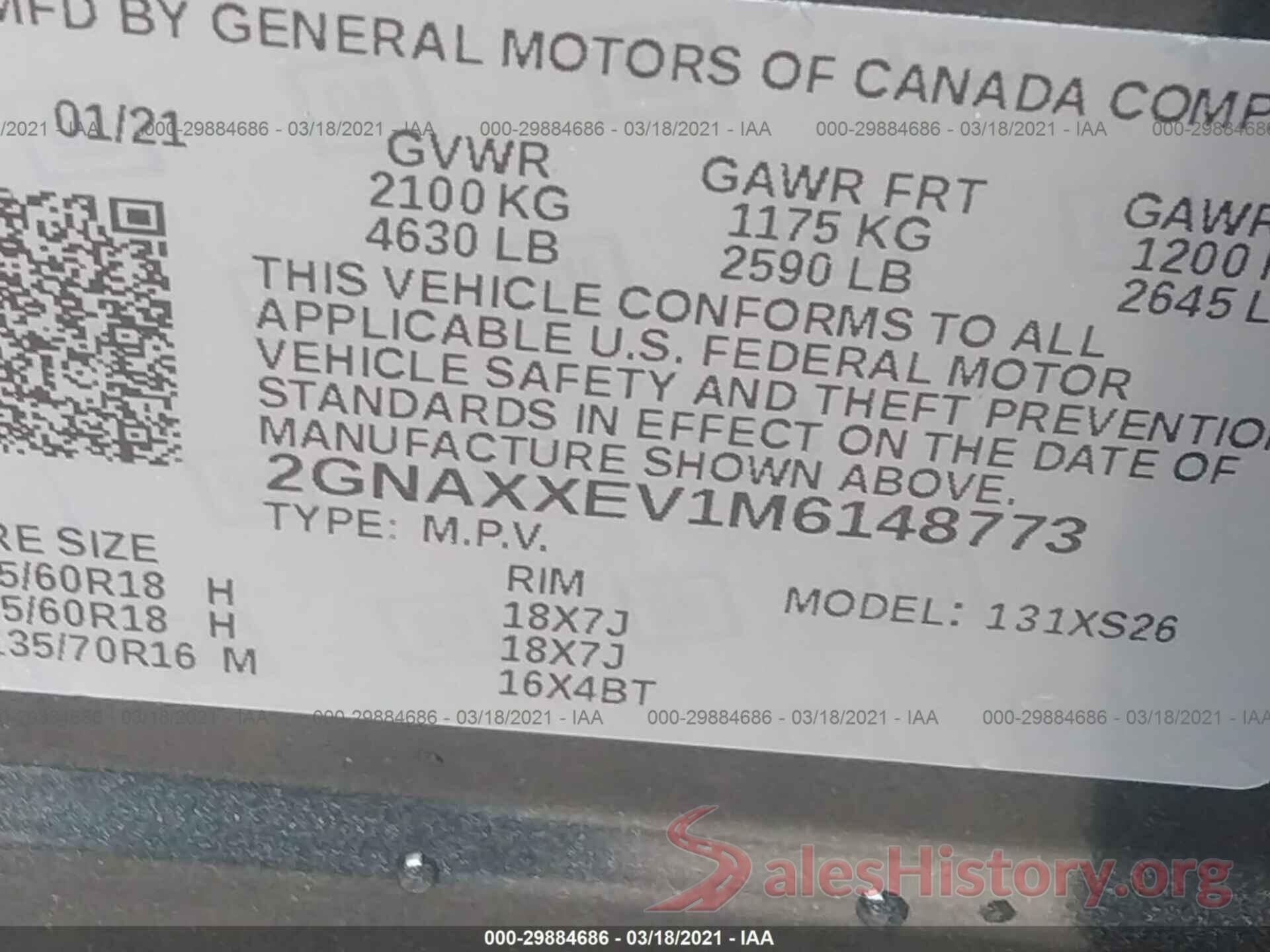 2GNAXXEV1M6148773 2021 CHEVROLET EQUINOX