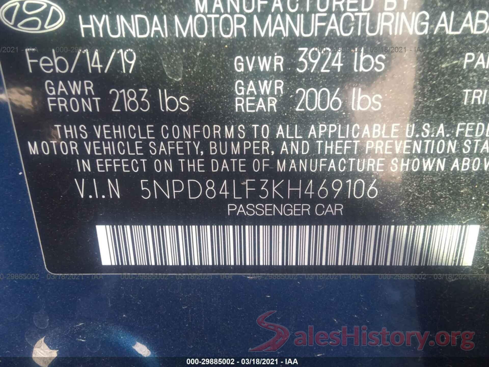 5NPD84LF3KH469106 2019 HYUNDAI ELANTRA