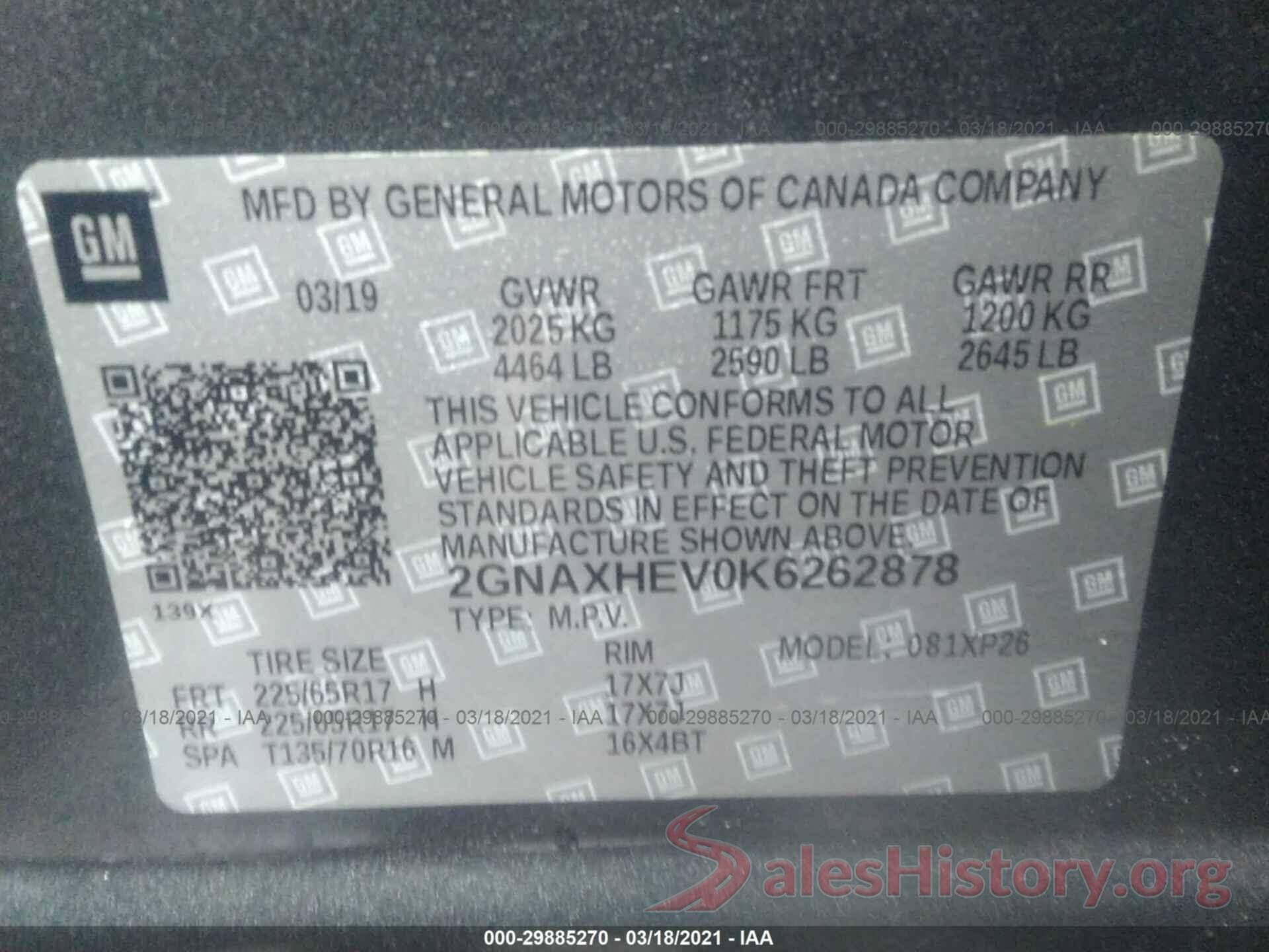 2GNAXHEV0K6262878 2019 CHEVROLET EQUINOX