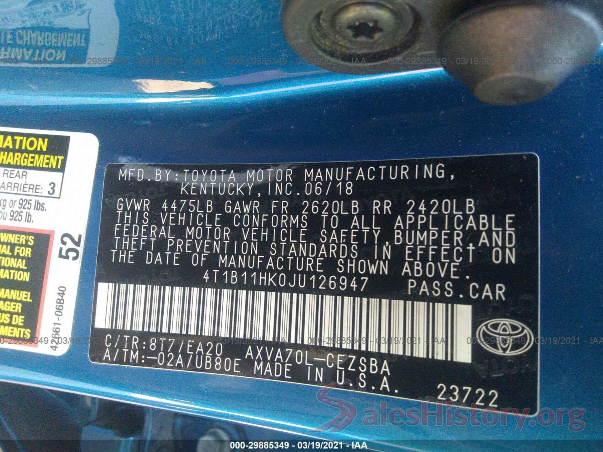 4T1B11HK0JU126947 2018 TOYOTA CAMRY