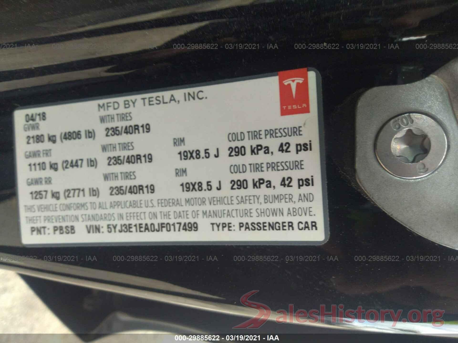 5YJ3E1EA0JF017499 2018 TESLA MODEL 3