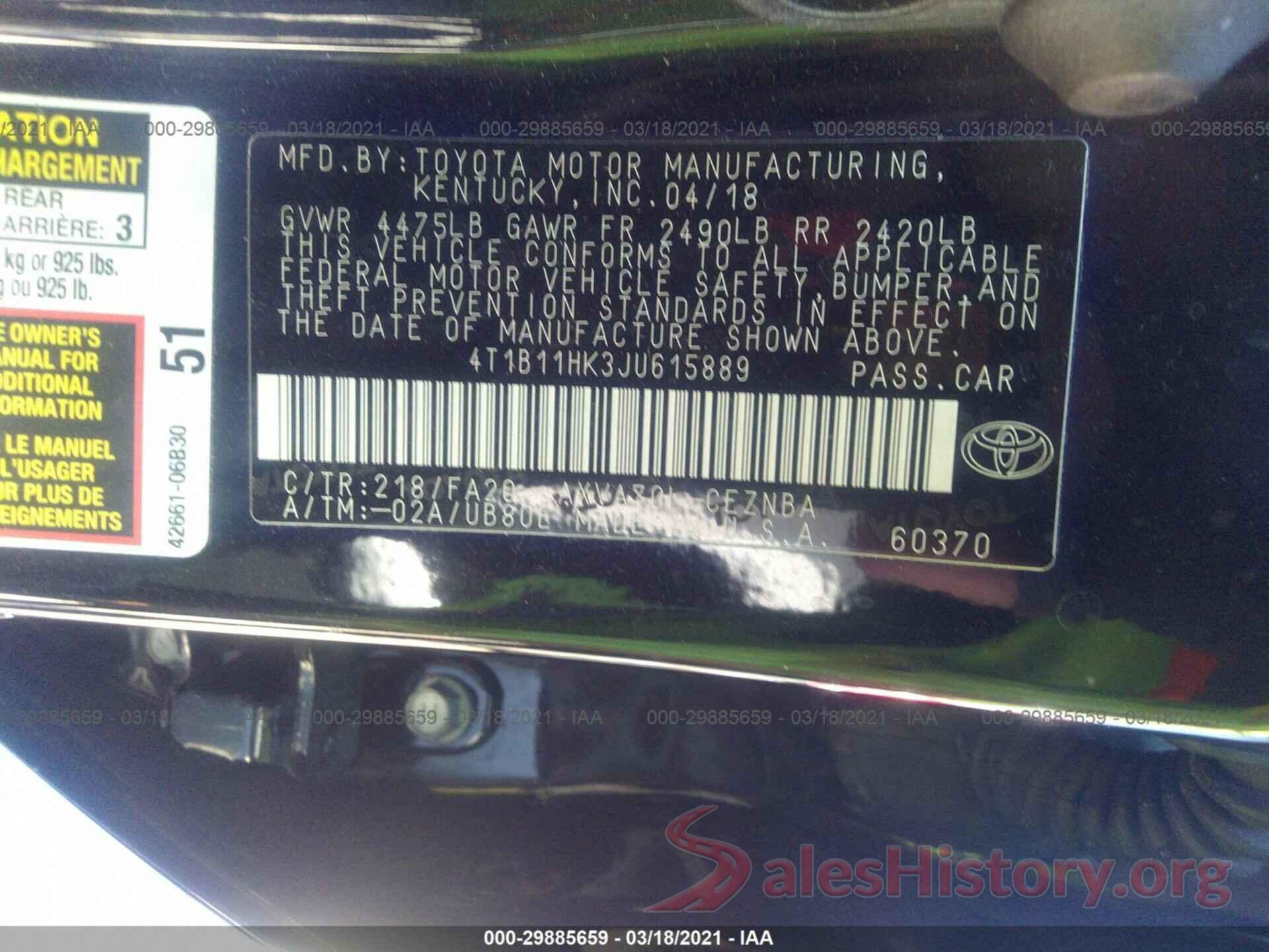 4T1B11HK3JU615889 2018 TOYOTA CAMRY