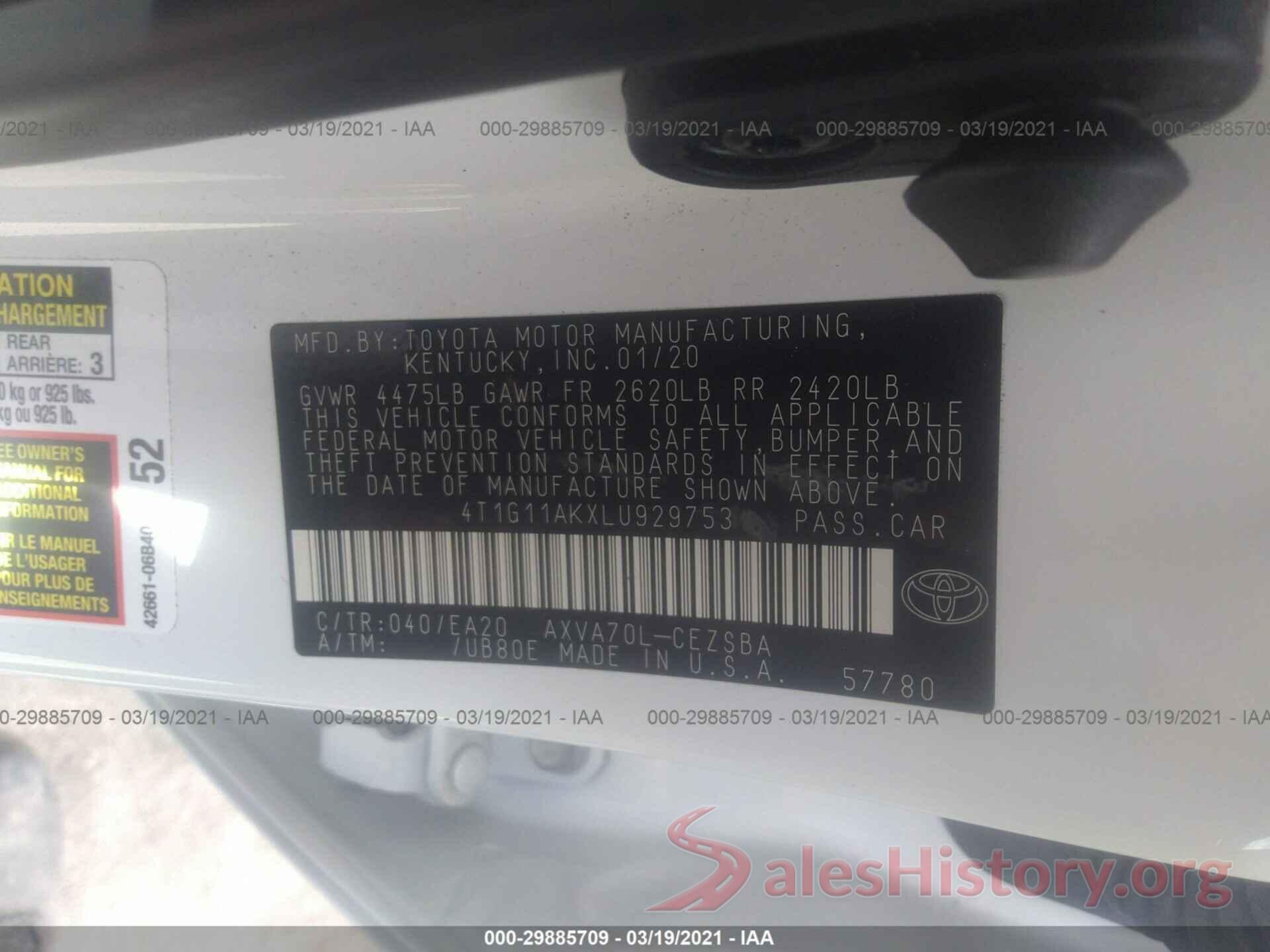 4T1G11AKXLU929753 2020 TOYOTA CAMRY