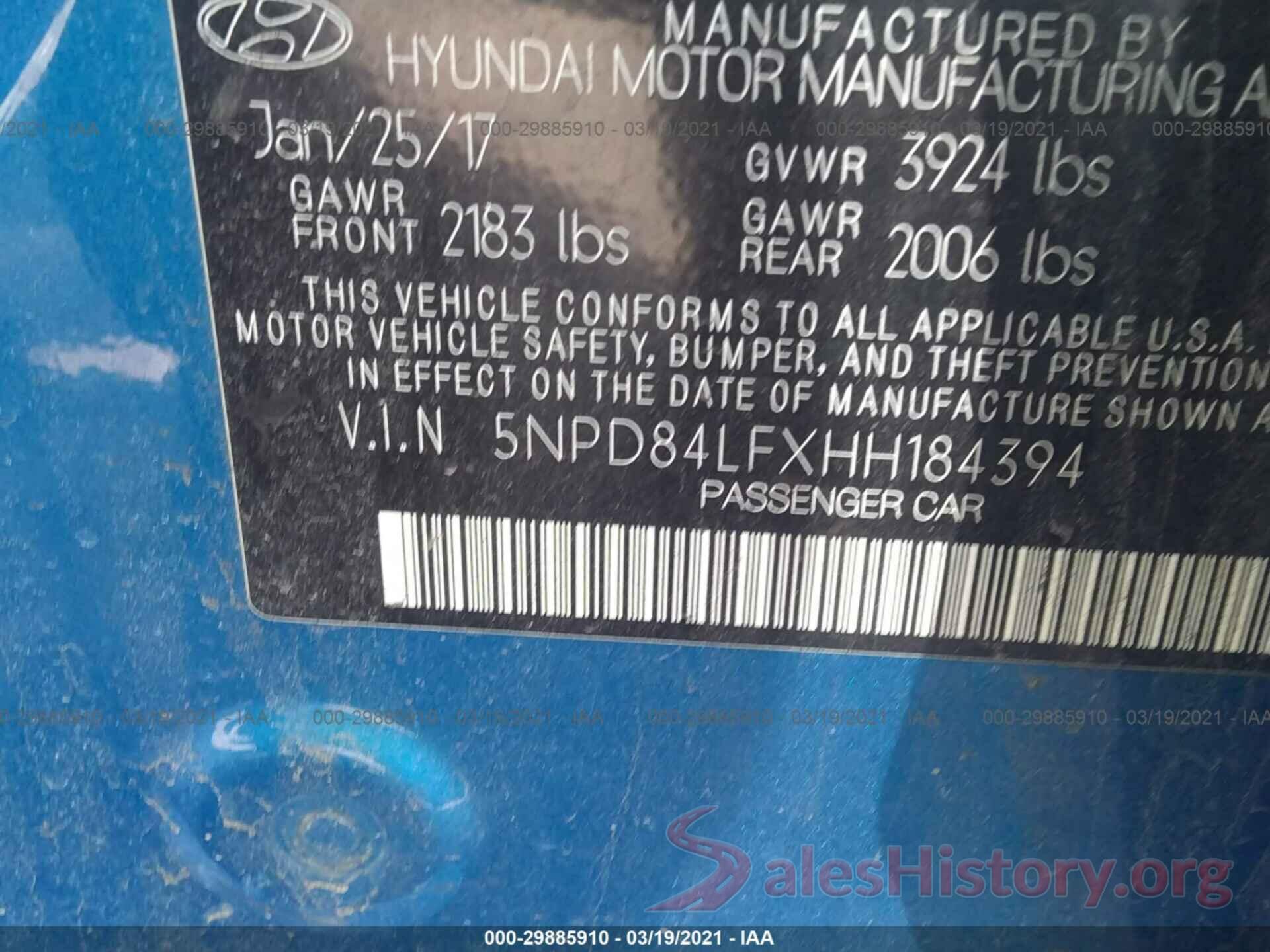 5NPD84LFXHH184394 2017 HYUNDAI ELANTRA