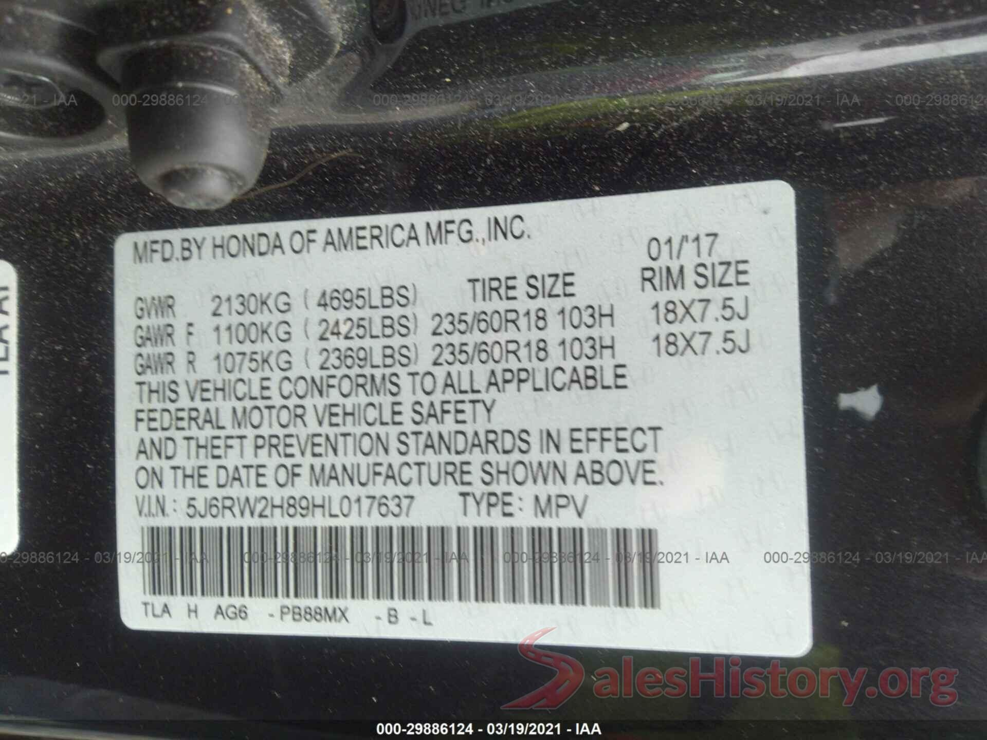 5J6RW2H89HL017637 2017 HONDA CR-V