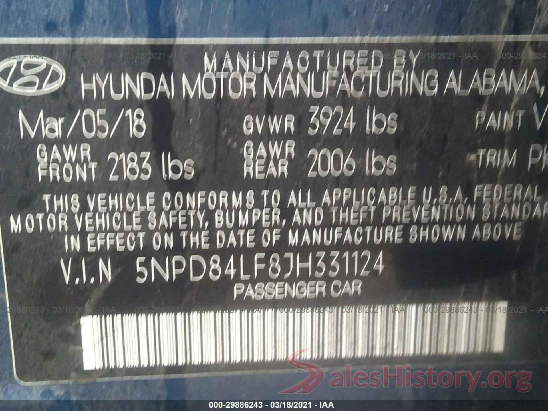 5NPD84LF8JH331124 2018 HYUNDAI ELANTRA