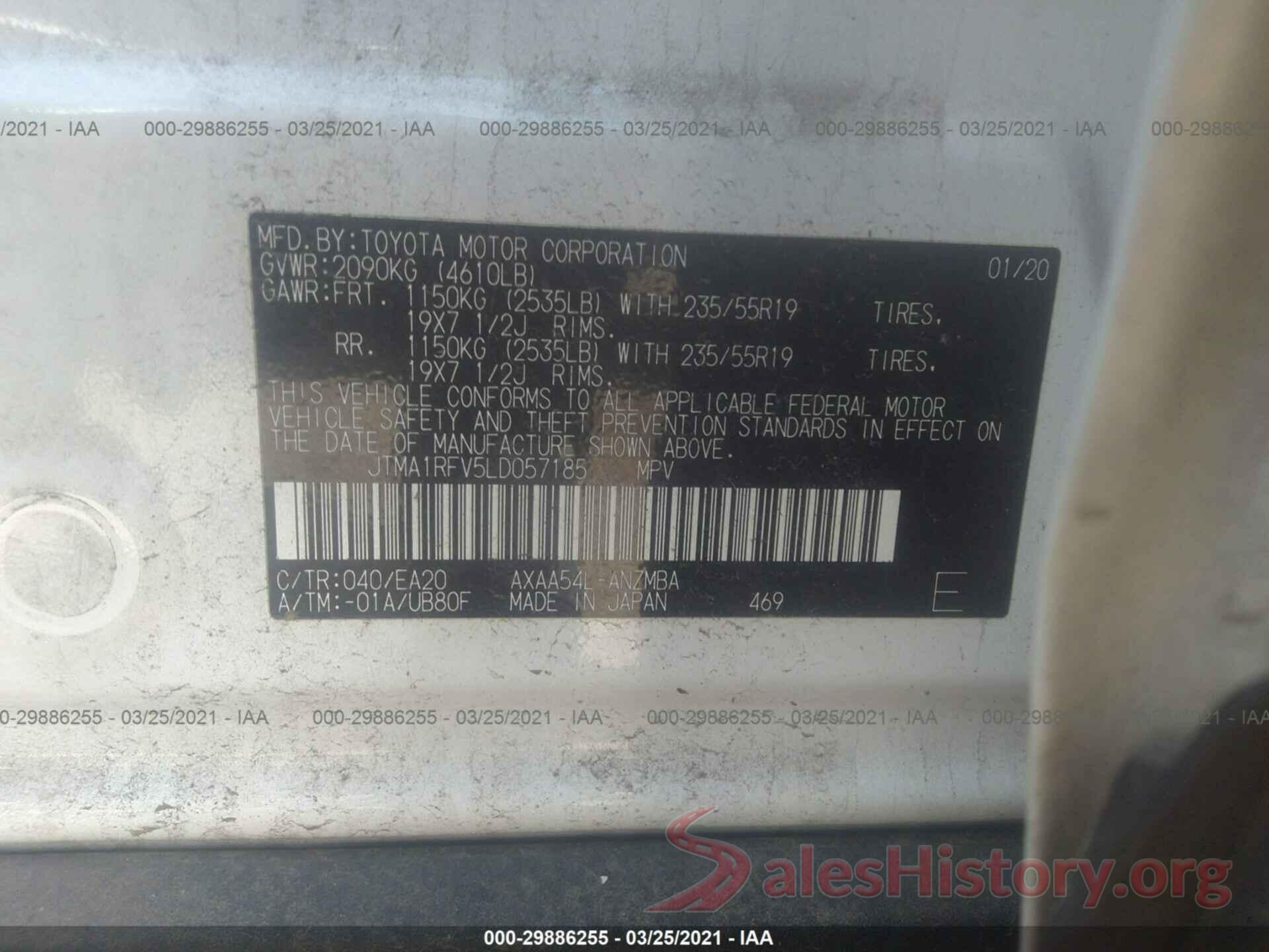 JTMA1RFV5LD057185 2020 TOYOTA RAV4