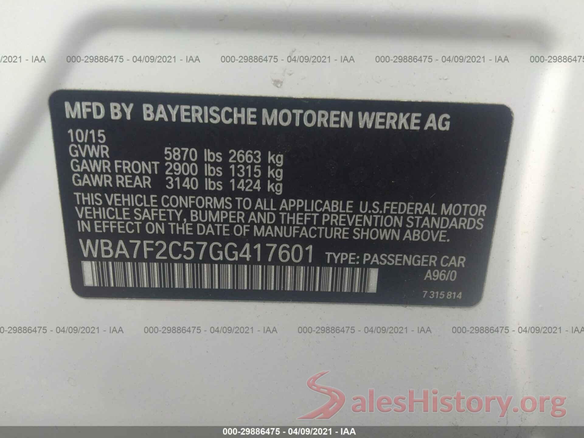 WBA7F2C57GG417601 2016 BMW 7 SERIES