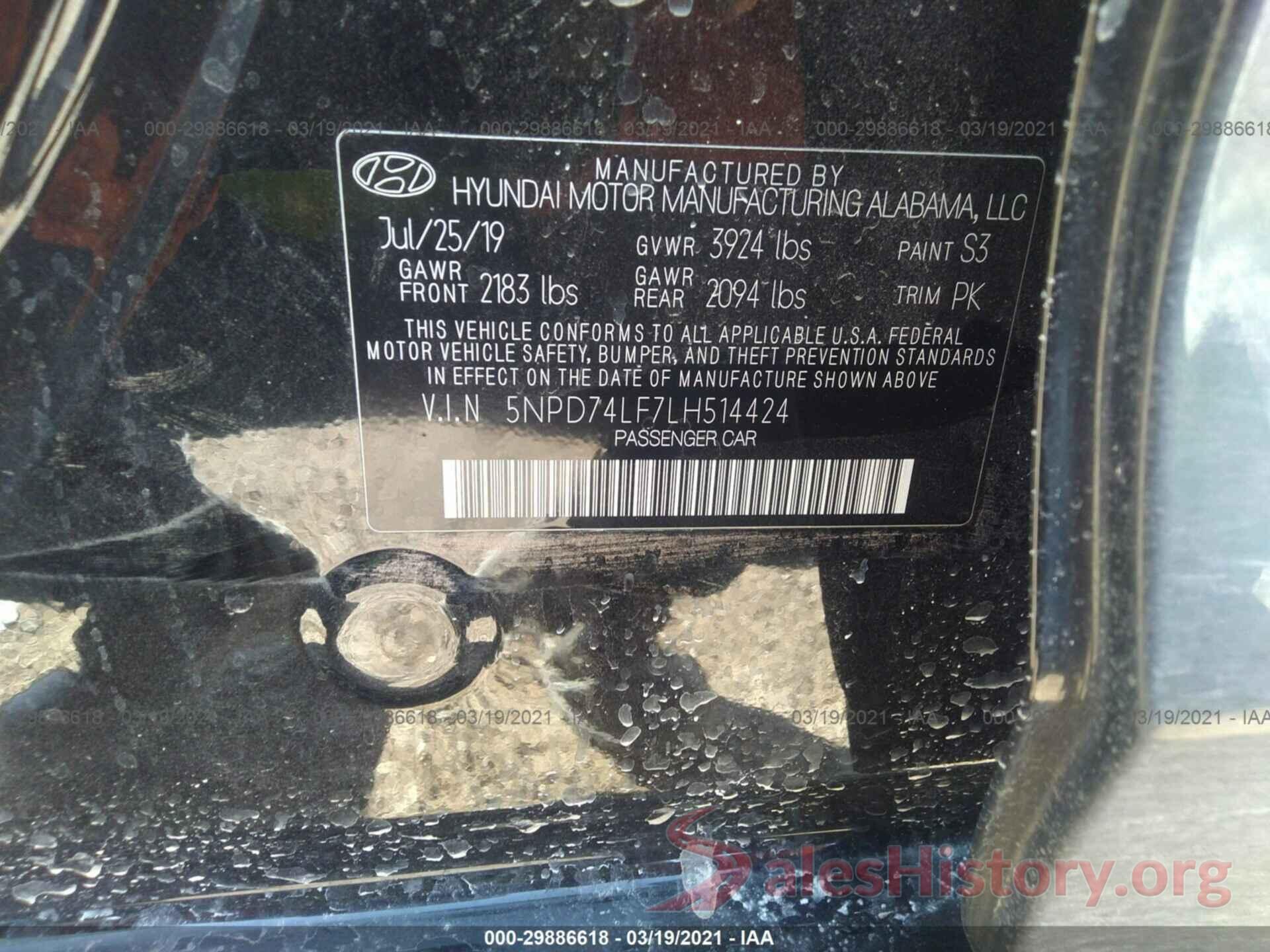 5NPD74LF7LH514424 2020 HYUNDAI ELANTRA