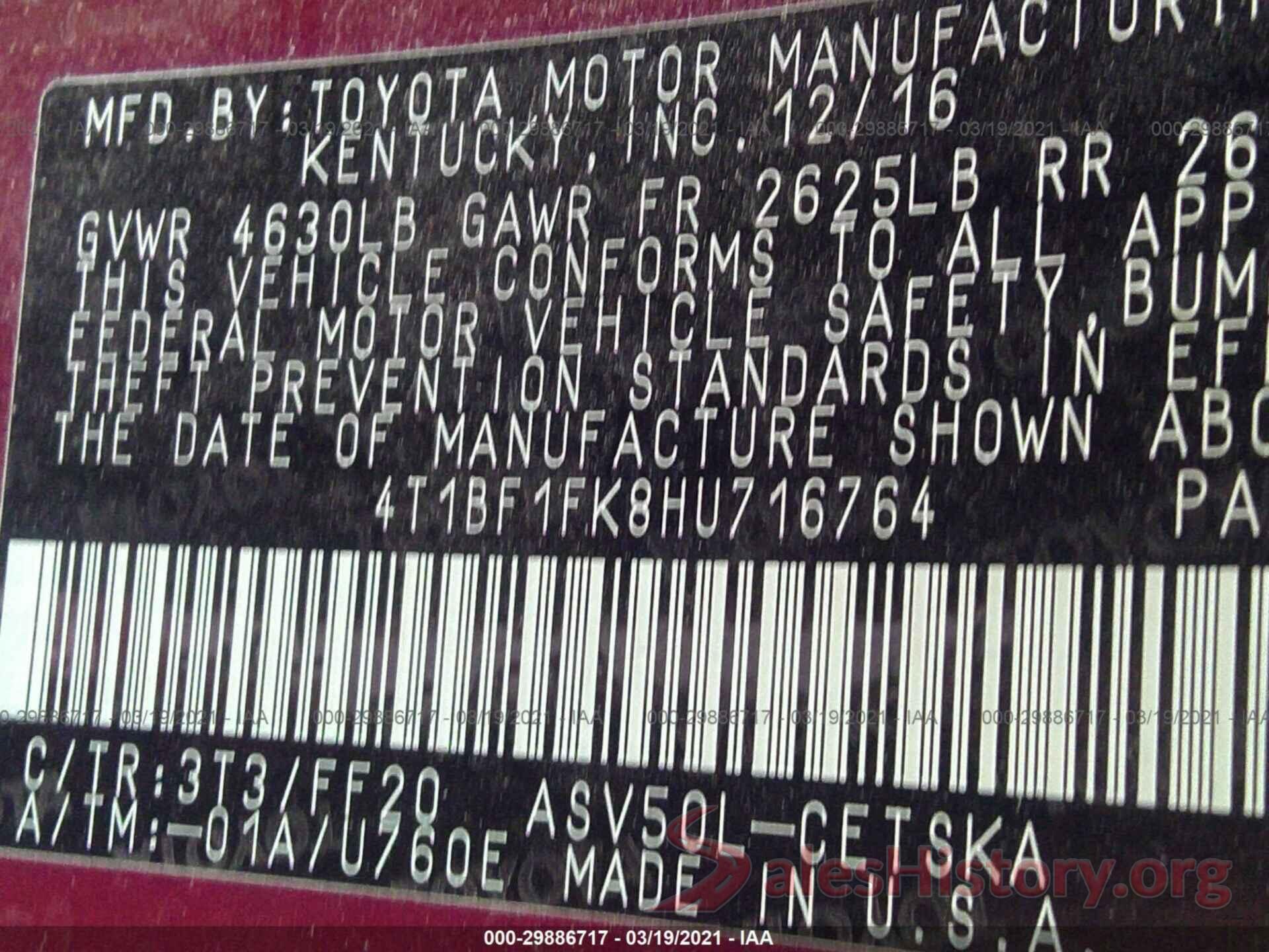 4T1BF1FK8HU716764 2017 TOYOTA CAMRY