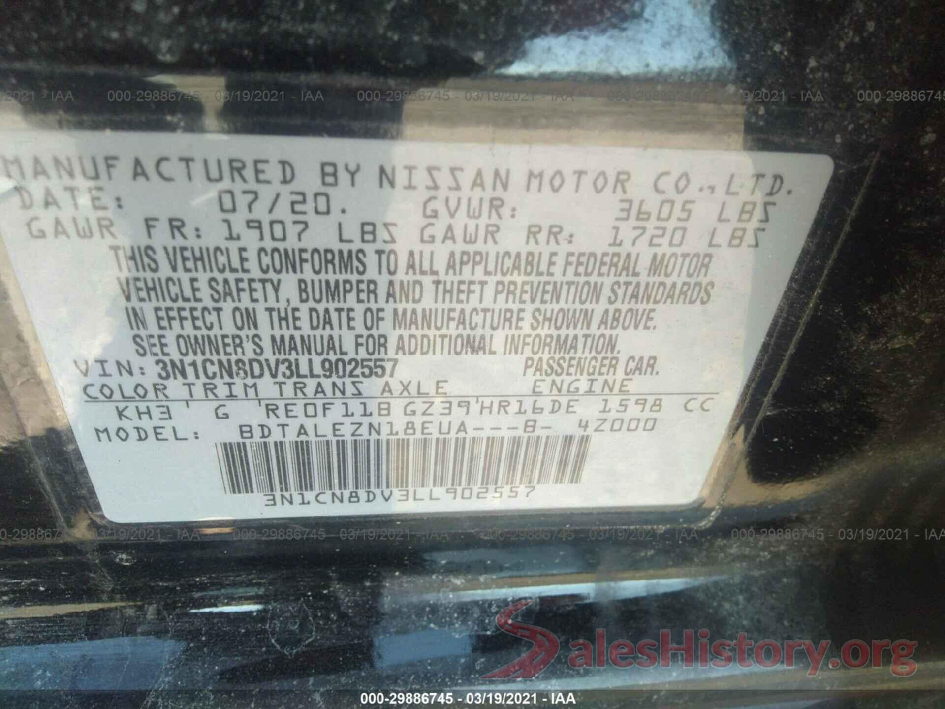 3N1CN8DV3LL902557 2020 NISSAN VERSA